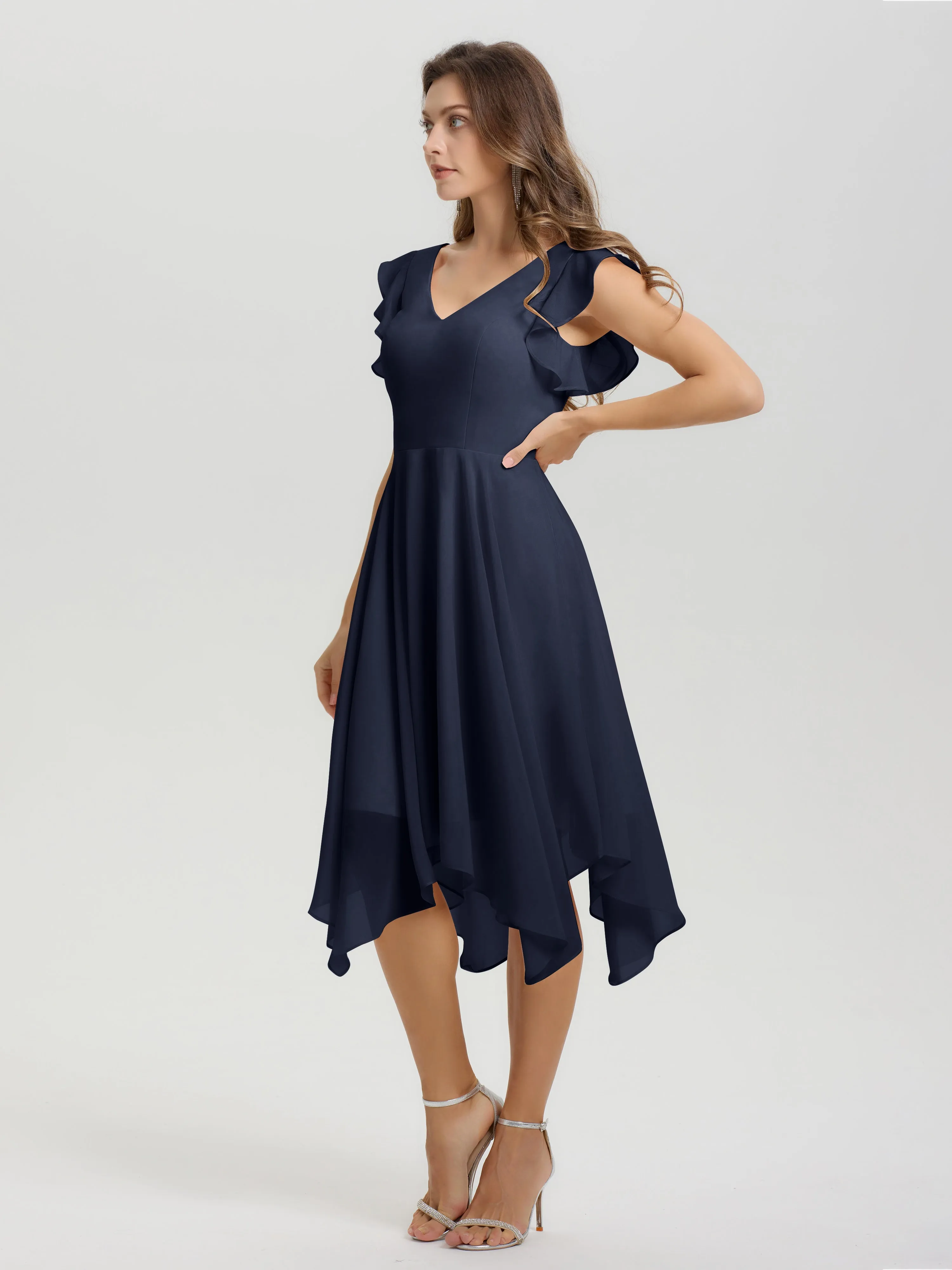 Ruffle Sleeves V-neck Asymmetrical Tea Length Chiffon Bridesmaid Dresses
