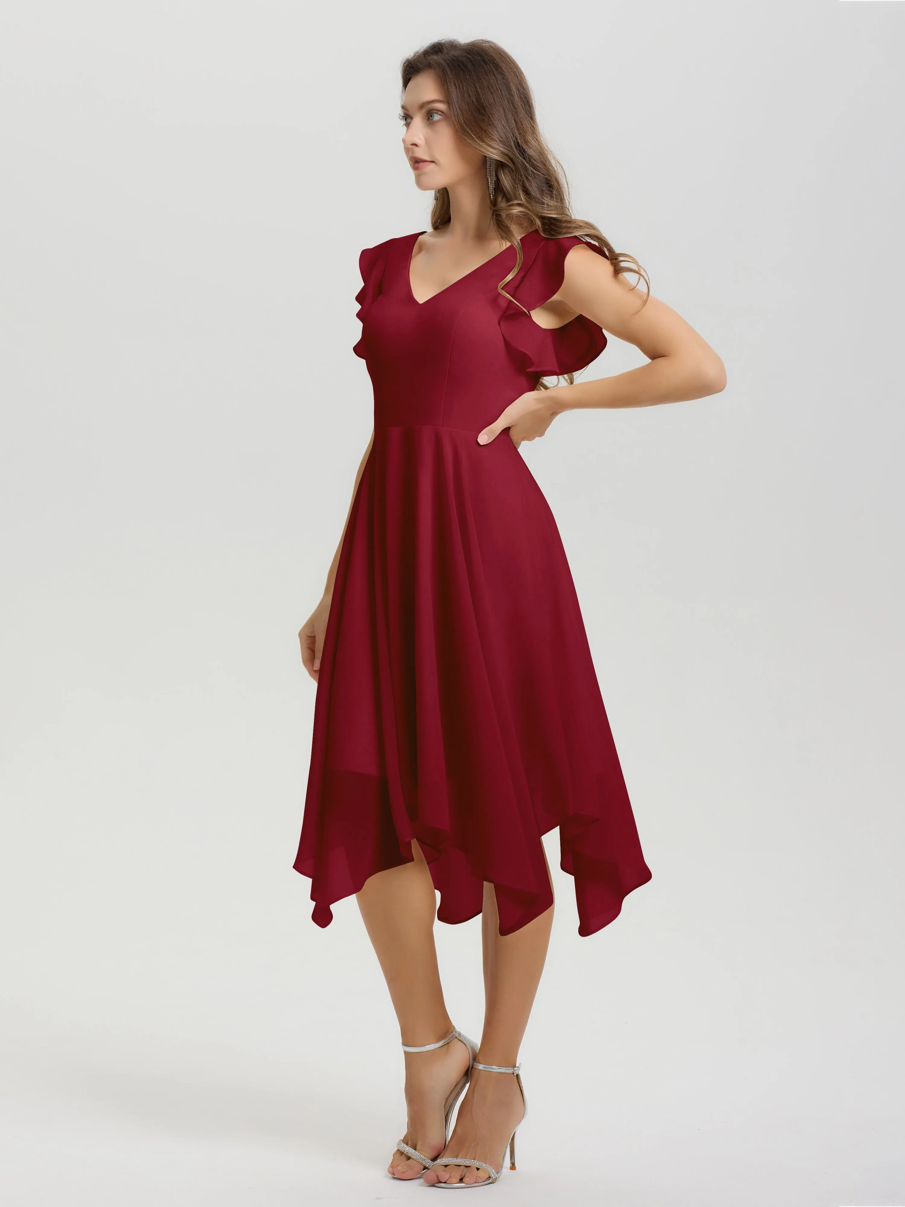 Ruffle Sleeves V-neck Asymmetrical Tea Length Chiffon Bridesmaid Dresses