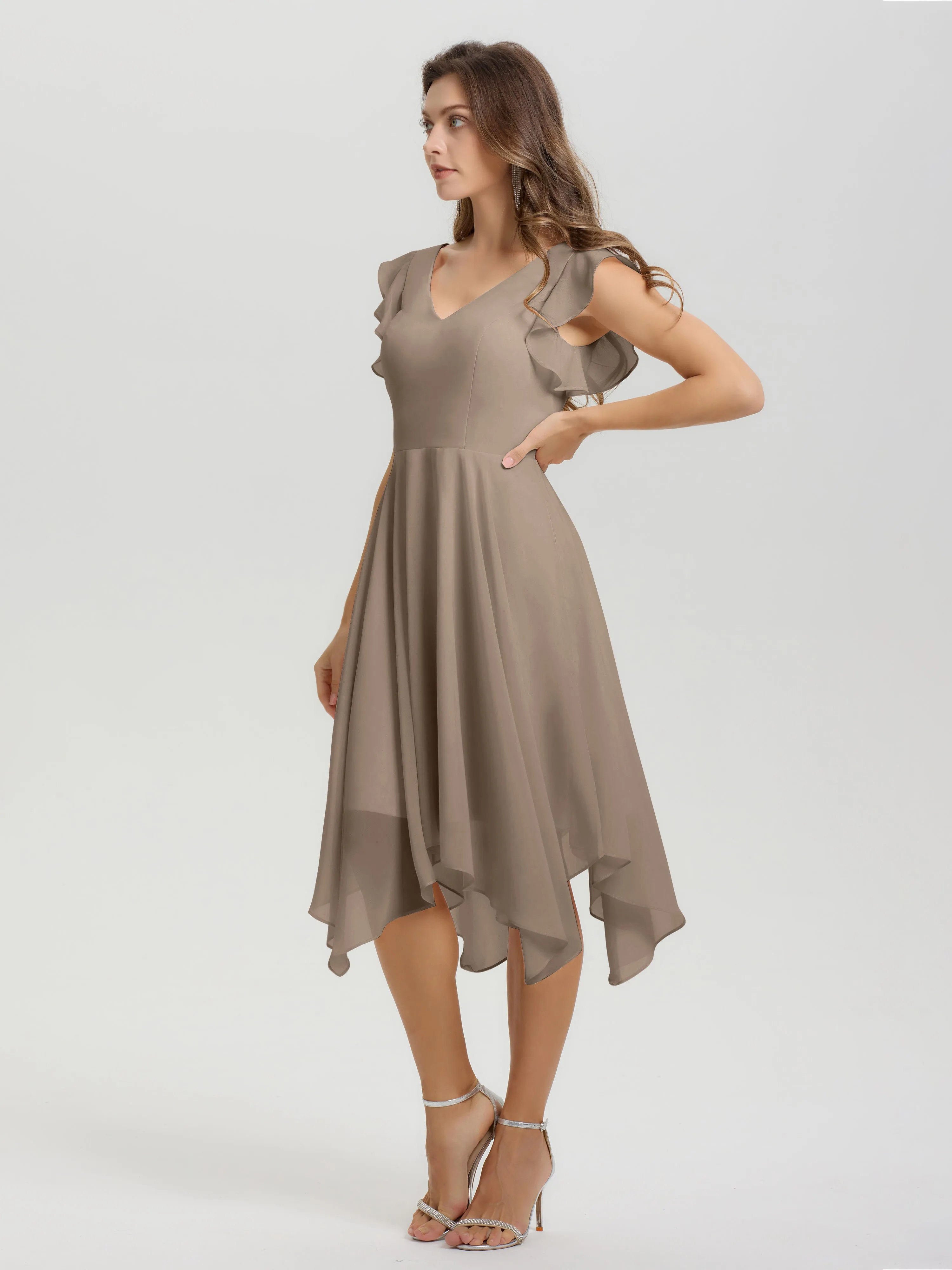 Ruffle Sleeves V-neck Asymmetrical Tea Length Chiffon Bridesmaid Dresses