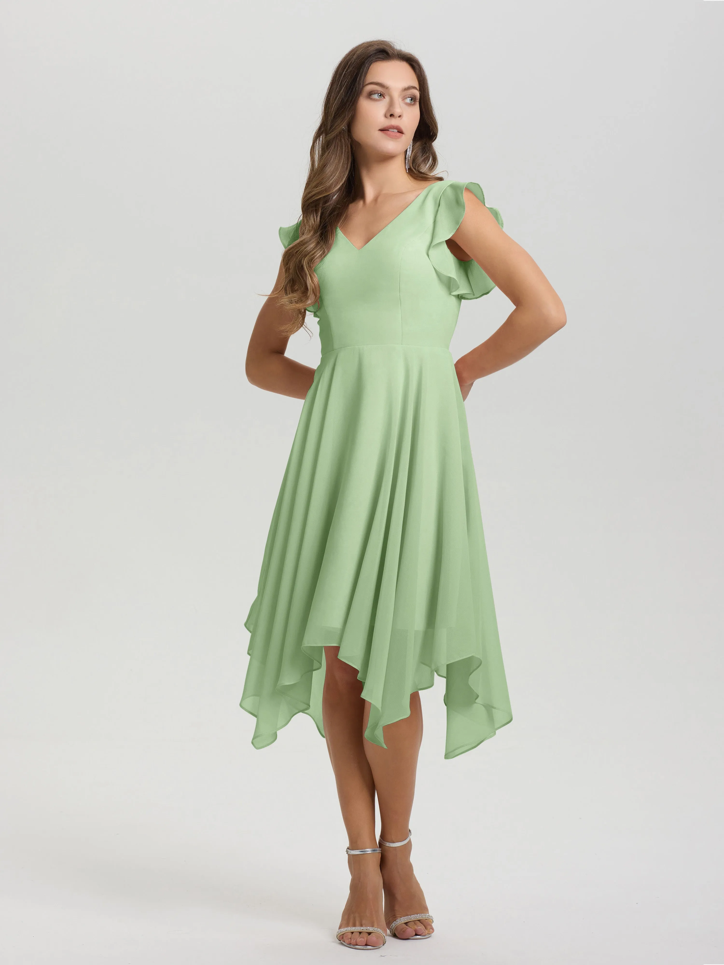 Ruffle Sleeves V-neck Asymmetrical Tea Length Chiffon Bridesmaid Dresses