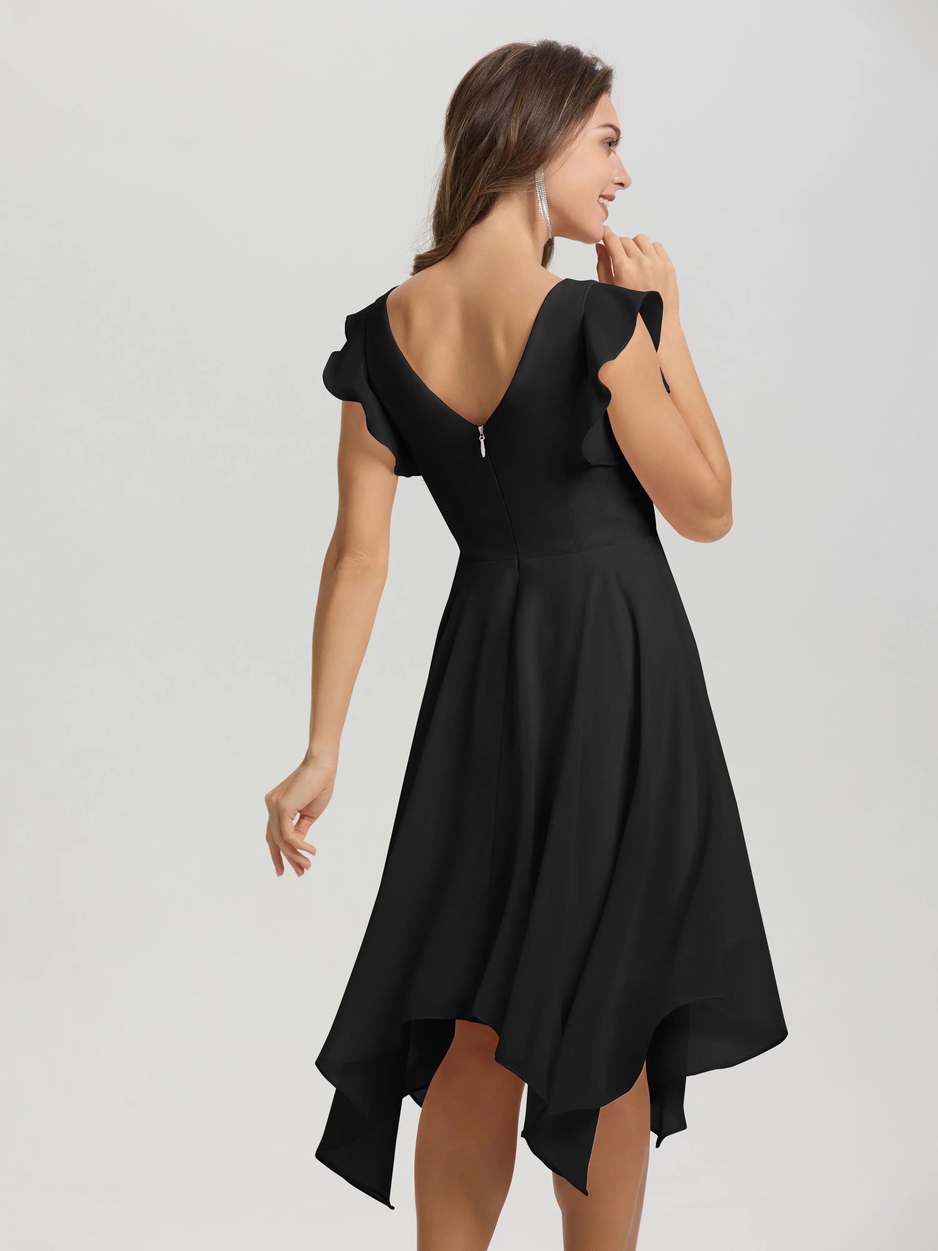 Ruffle Sleeves V-neck Asymmetrical Tea Length Chiffon Bridesmaid Dresses