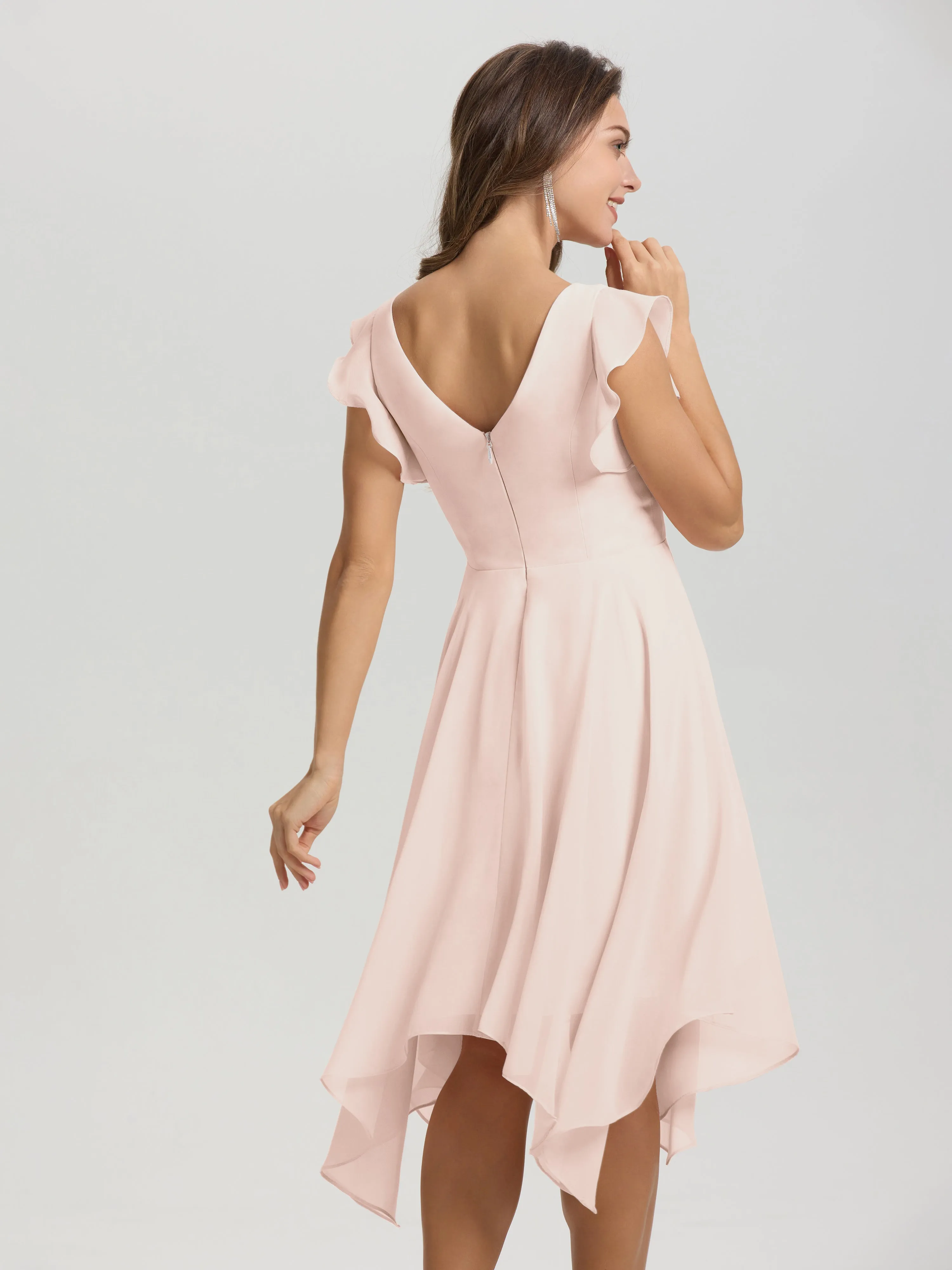 Ruffle Sleeves V-neck Asymmetrical Tea Length Chiffon Bridesmaid Dresses