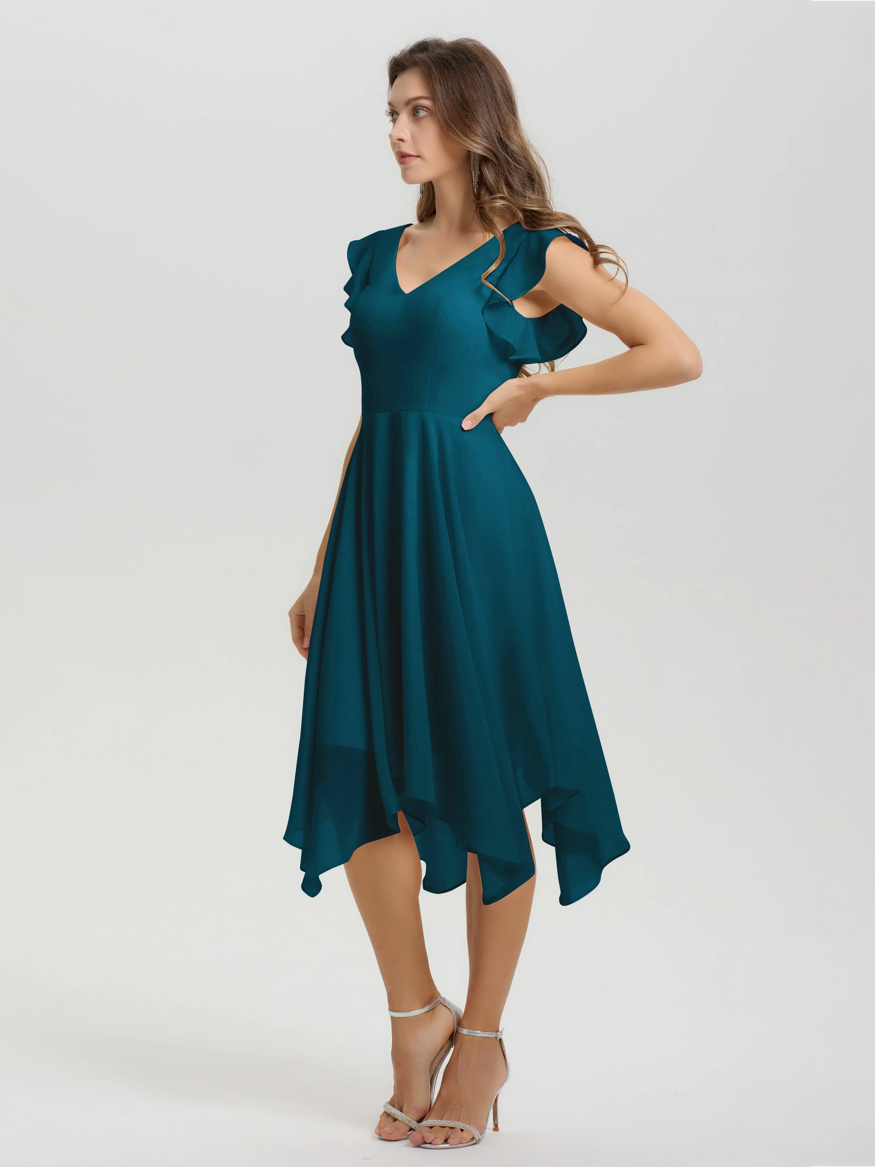 Ruffle Sleeves V-neck Asymmetrical Tea Length Chiffon Bridesmaid Dresses