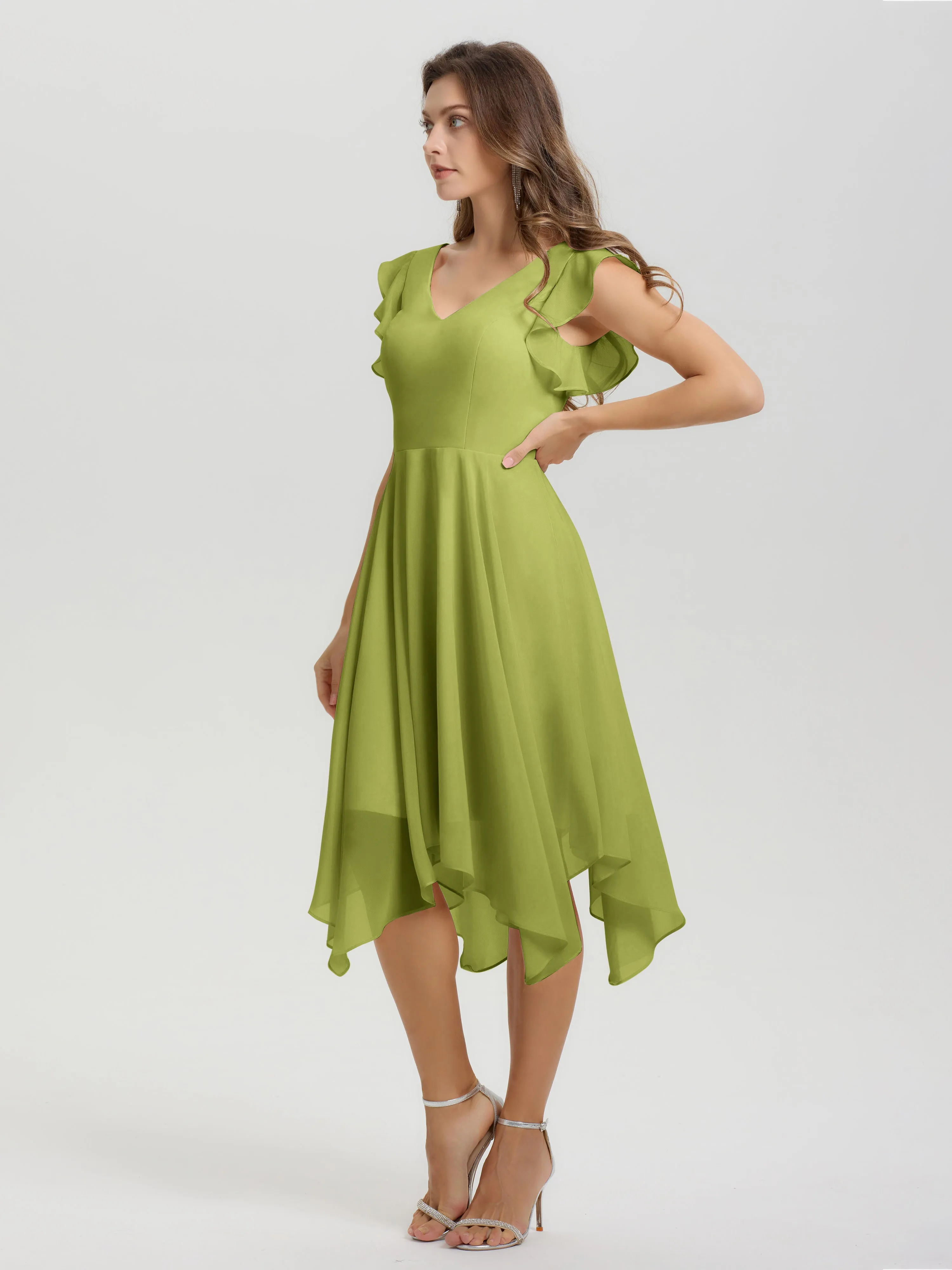 Ruffle Sleeves V-neck Asymmetrical Tea Length Chiffon Bridesmaid Dresses