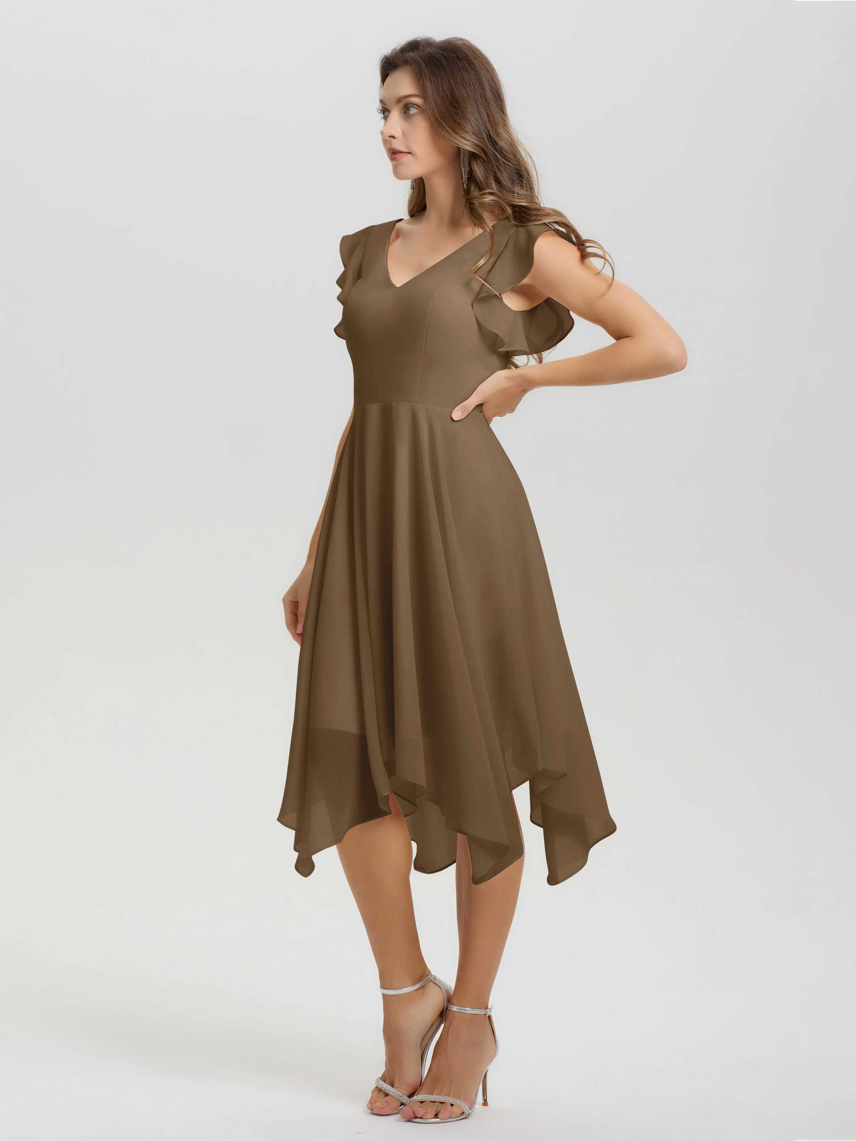Ruffle Sleeves V-neck Asymmetrical Tea Length Chiffon Bridesmaid Dresses