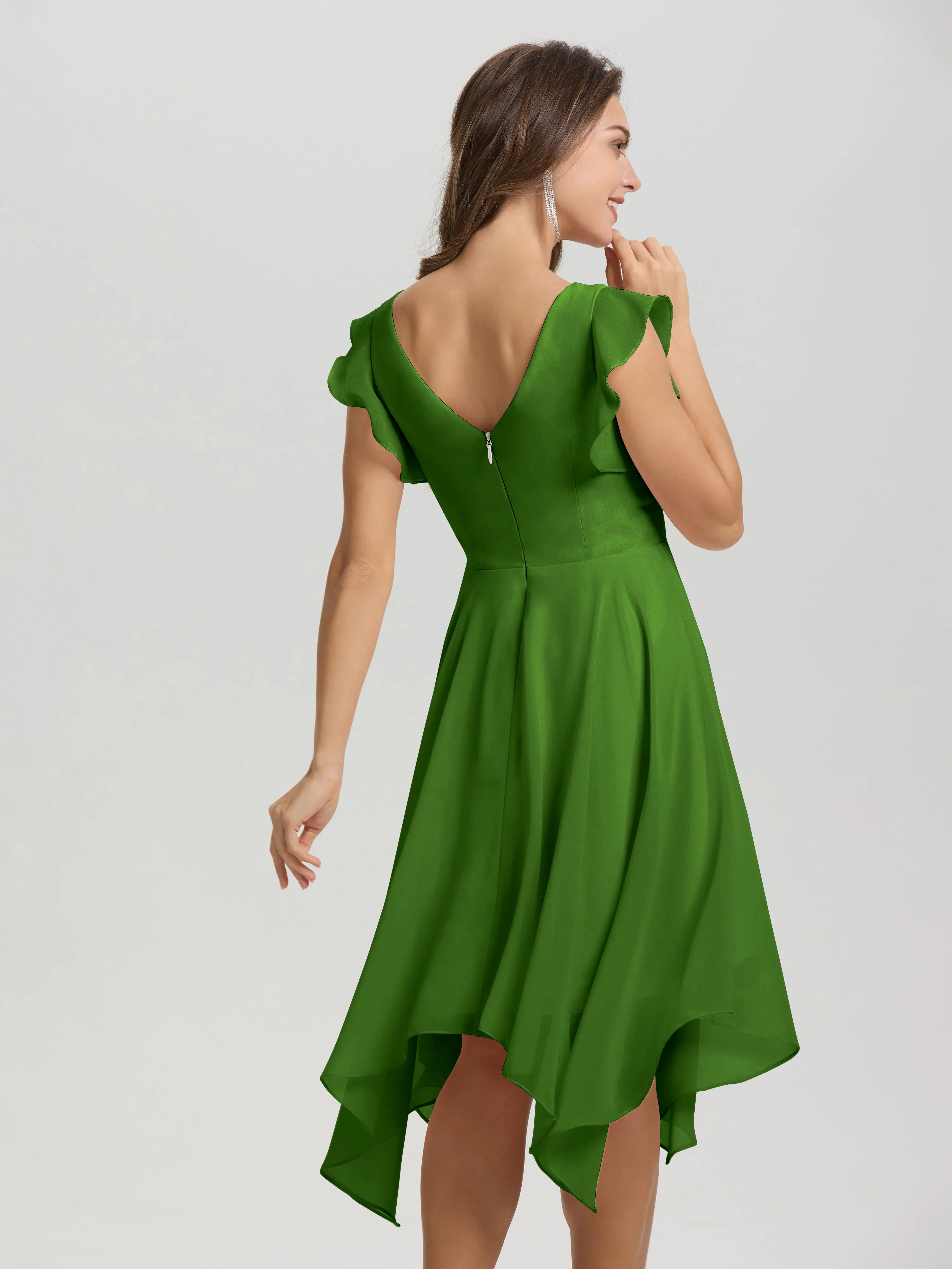Ruffle Sleeves V-neck Asymmetrical Tea Length Chiffon Bridesmaid Dresses