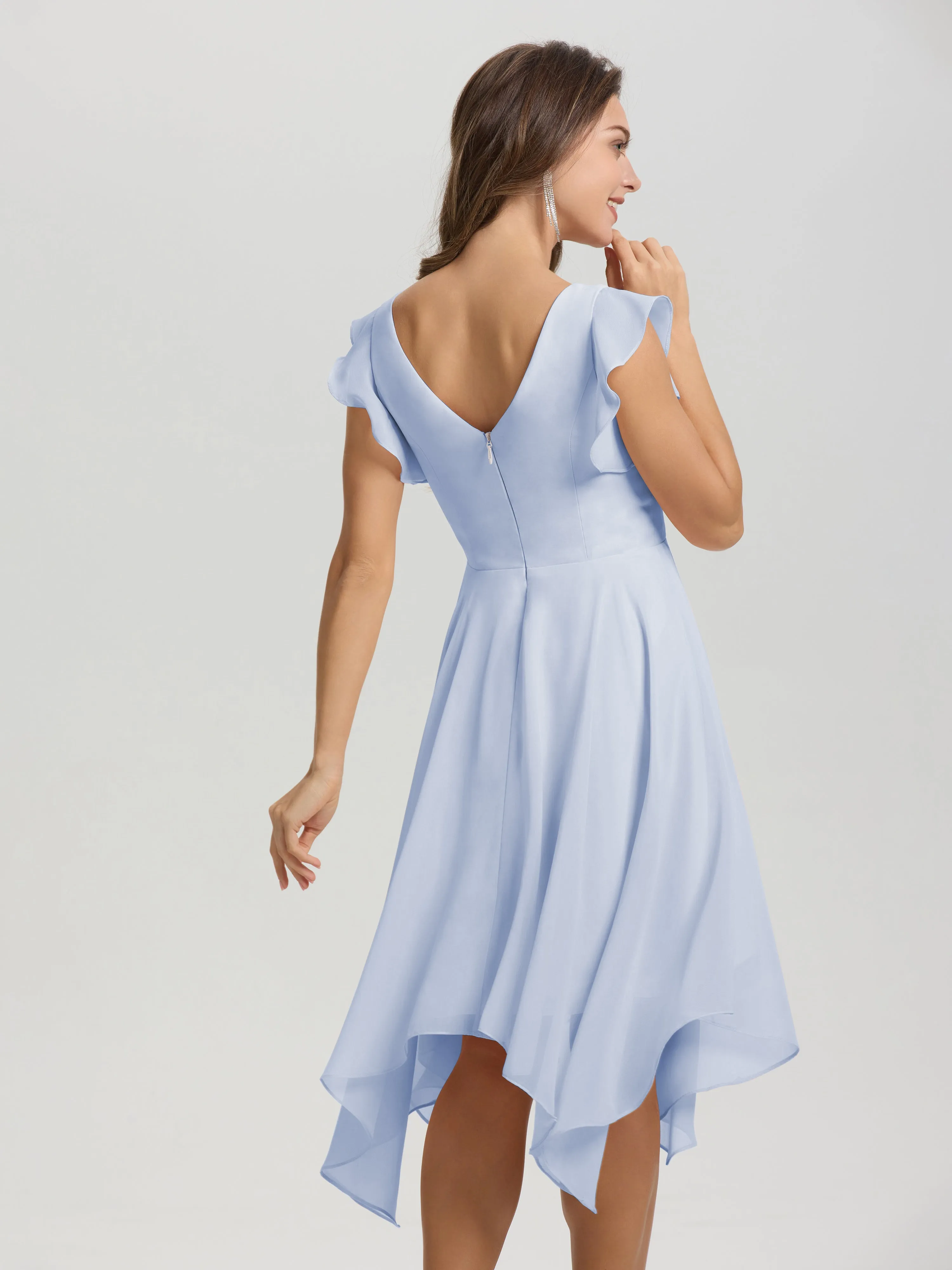 Ruffle Sleeves V-neck Asymmetrical Tea Length Chiffon Bridesmaid Dresses