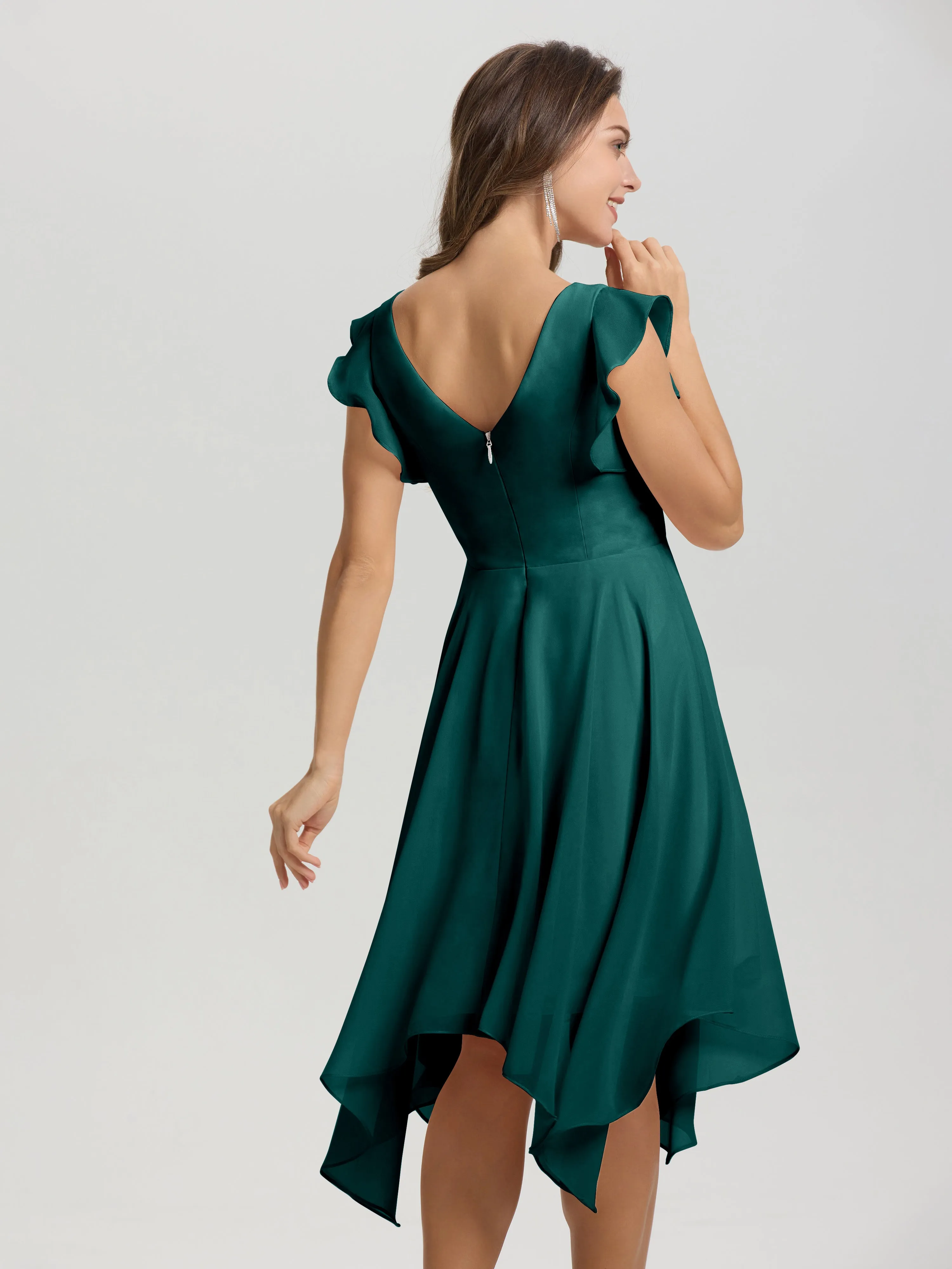 Ruffle Sleeves V-neck Asymmetrical Tea Length Chiffon Bridesmaid Dresses