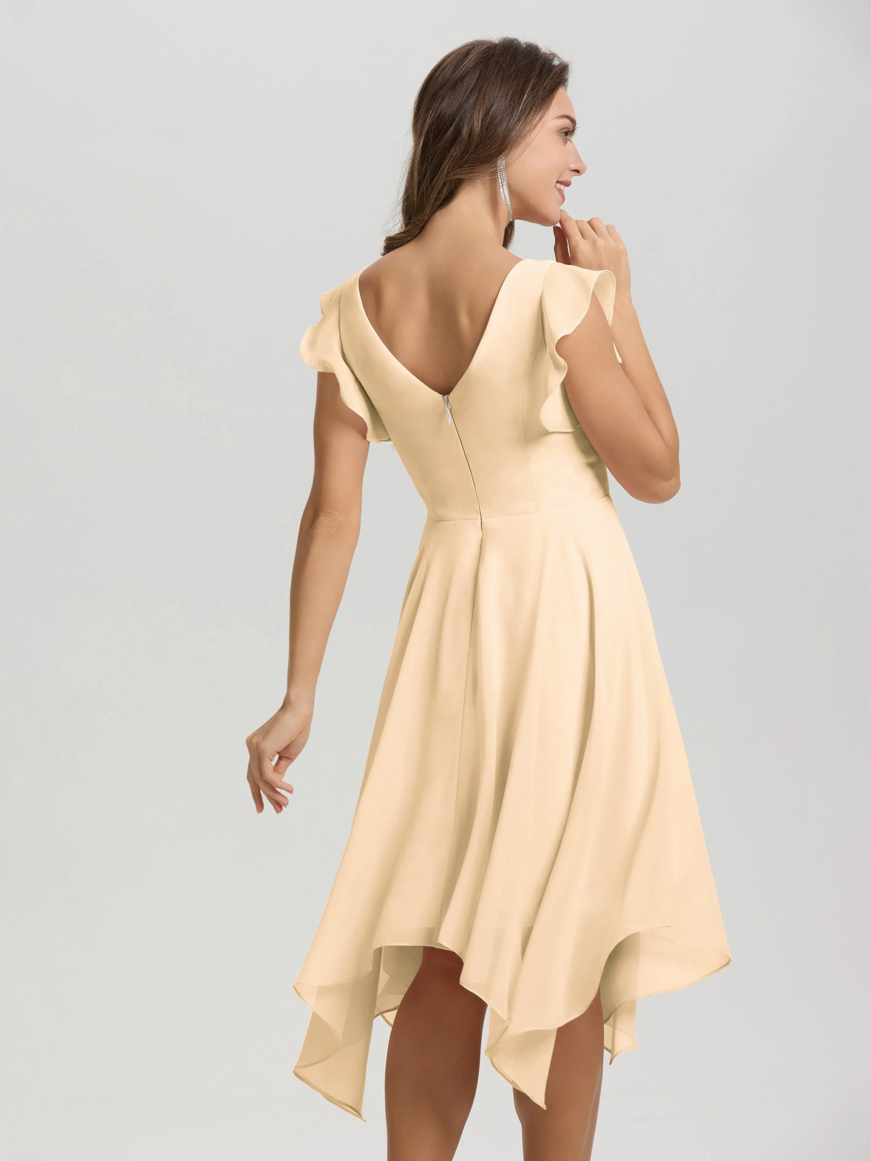Ruffle Sleeves V-neck Asymmetrical Tea Length Chiffon Bridesmaid Dresses