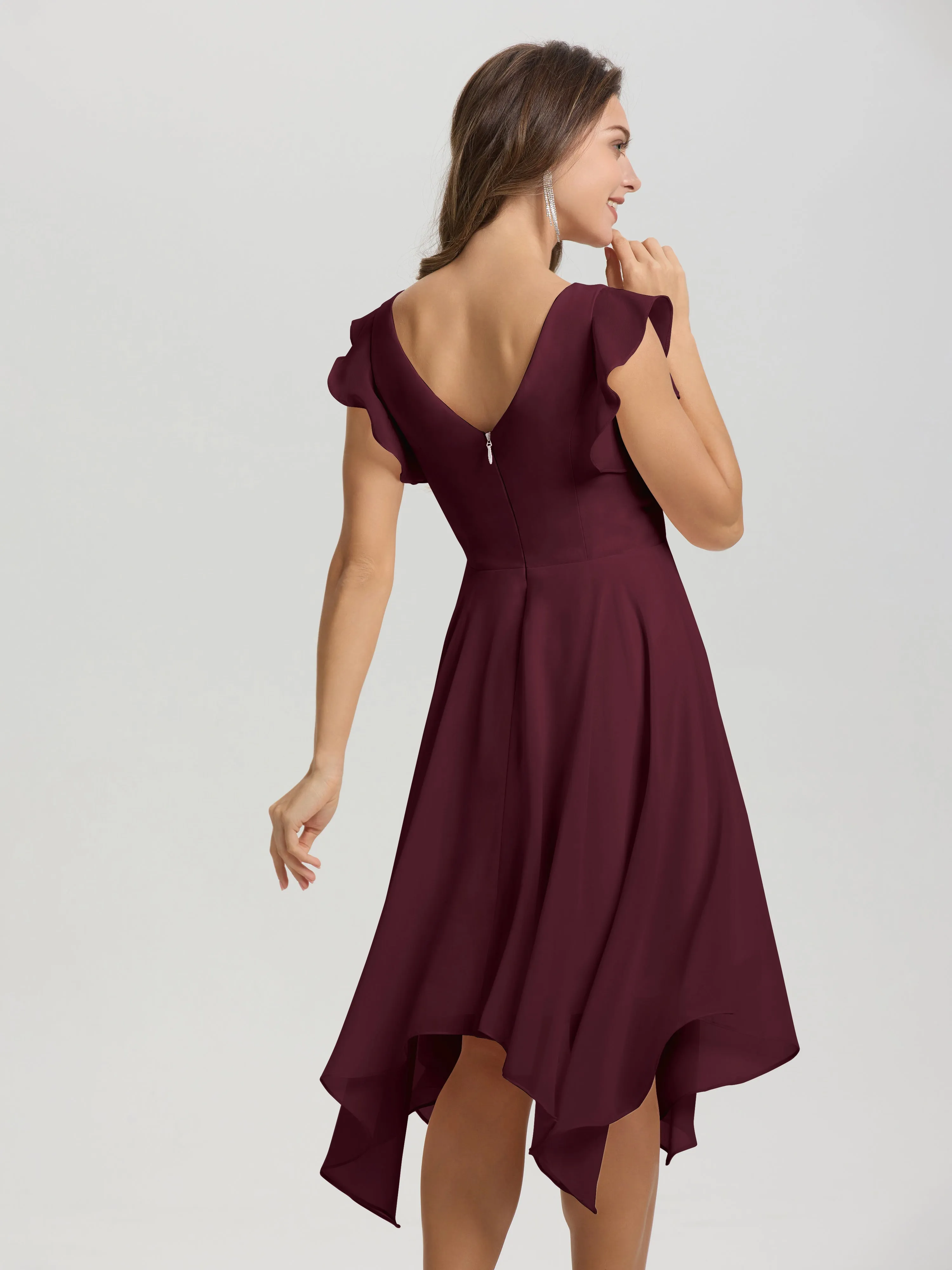 Ruffle Sleeves V-neck Asymmetrical Tea Length Chiffon Bridesmaid Dresses