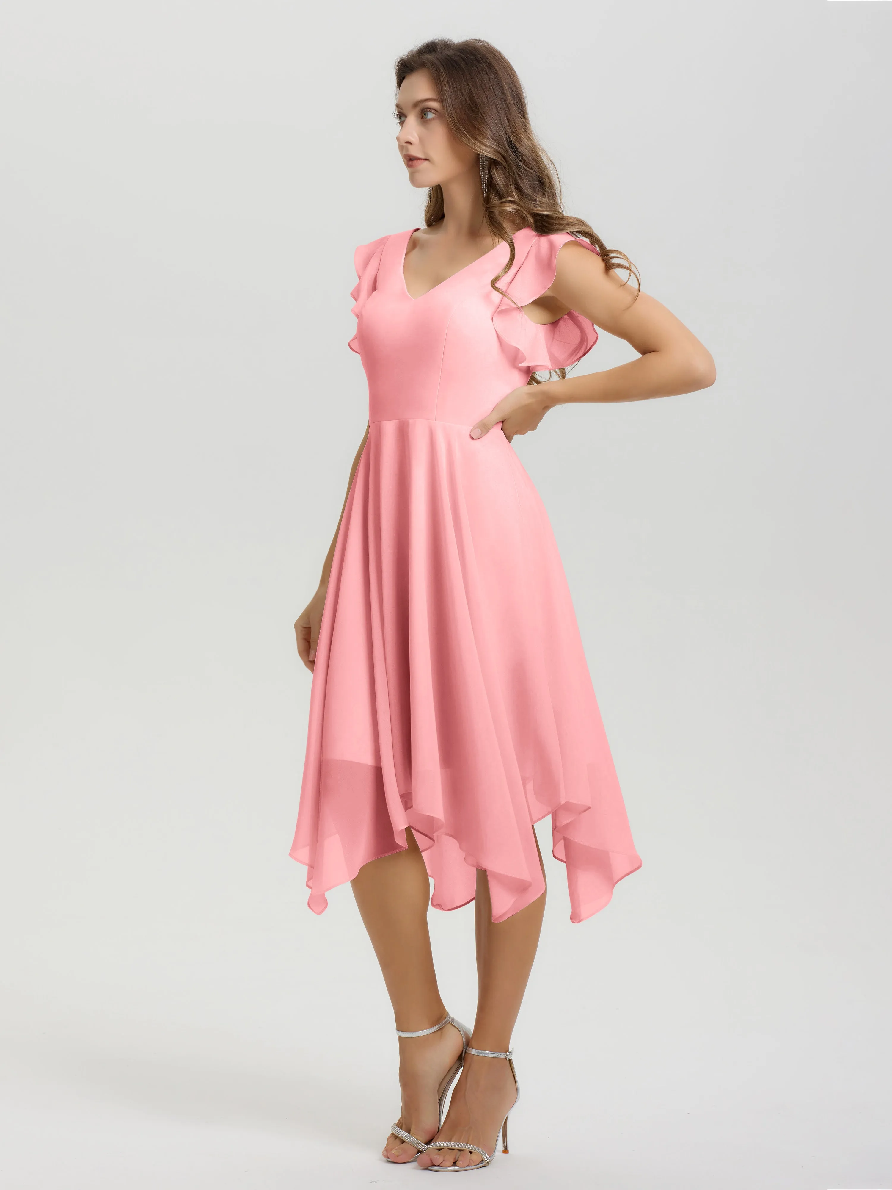Ruffle Sleeves V-neck Asymmetrical Tea Length Chiffon Bridesmaid Dresses