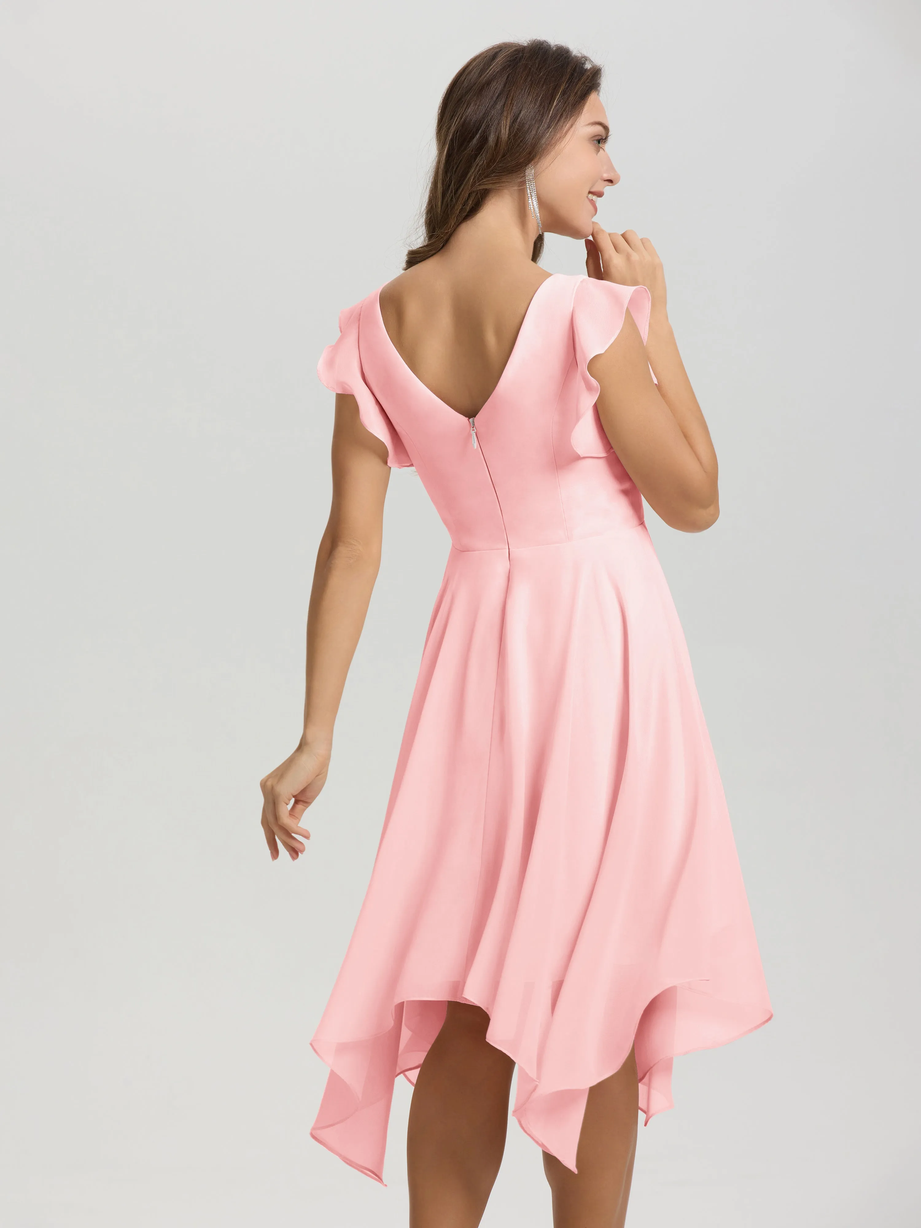 Ruffle Sleeves V-neck Asymmetrical Tea Length Chiffon Bridesmaid Dresses