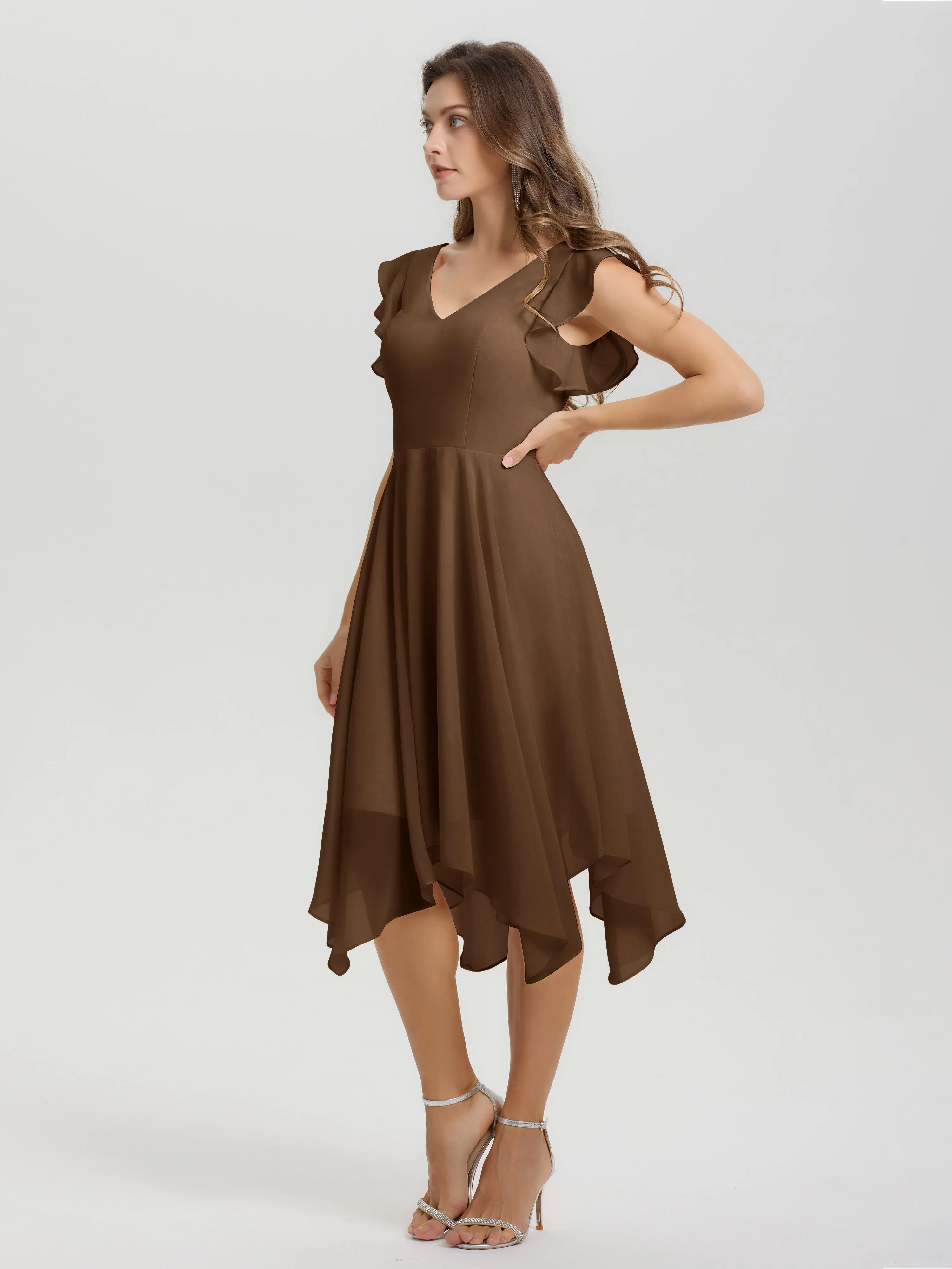Ruffle Sleeves V-neck Asymmetrical Tea Length Chiffon Bridesmaid Dresses