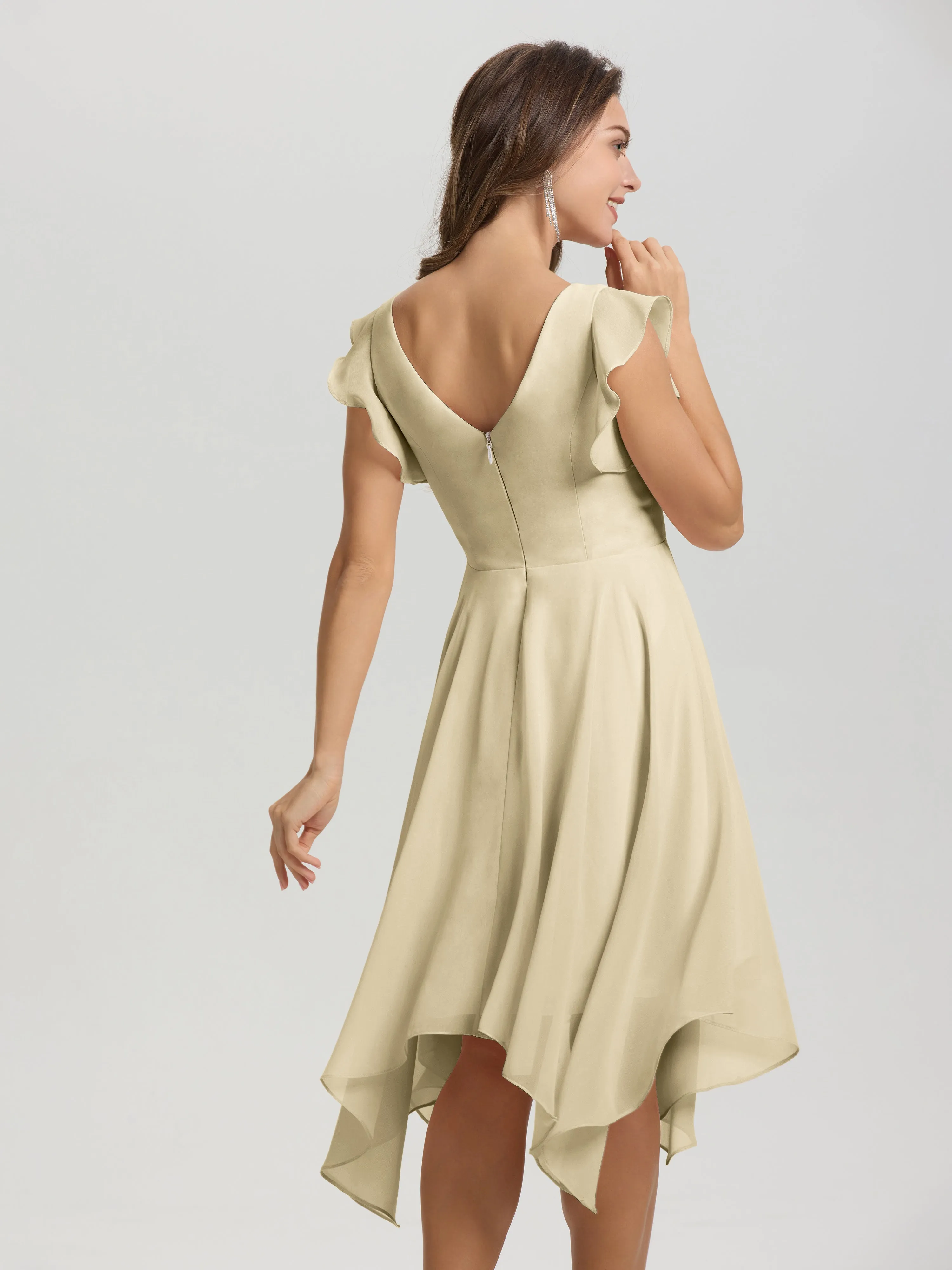 Ruffle Sleeves V-neck Asymmetrical Tea Length Chiffon Bridesmaid Dresses