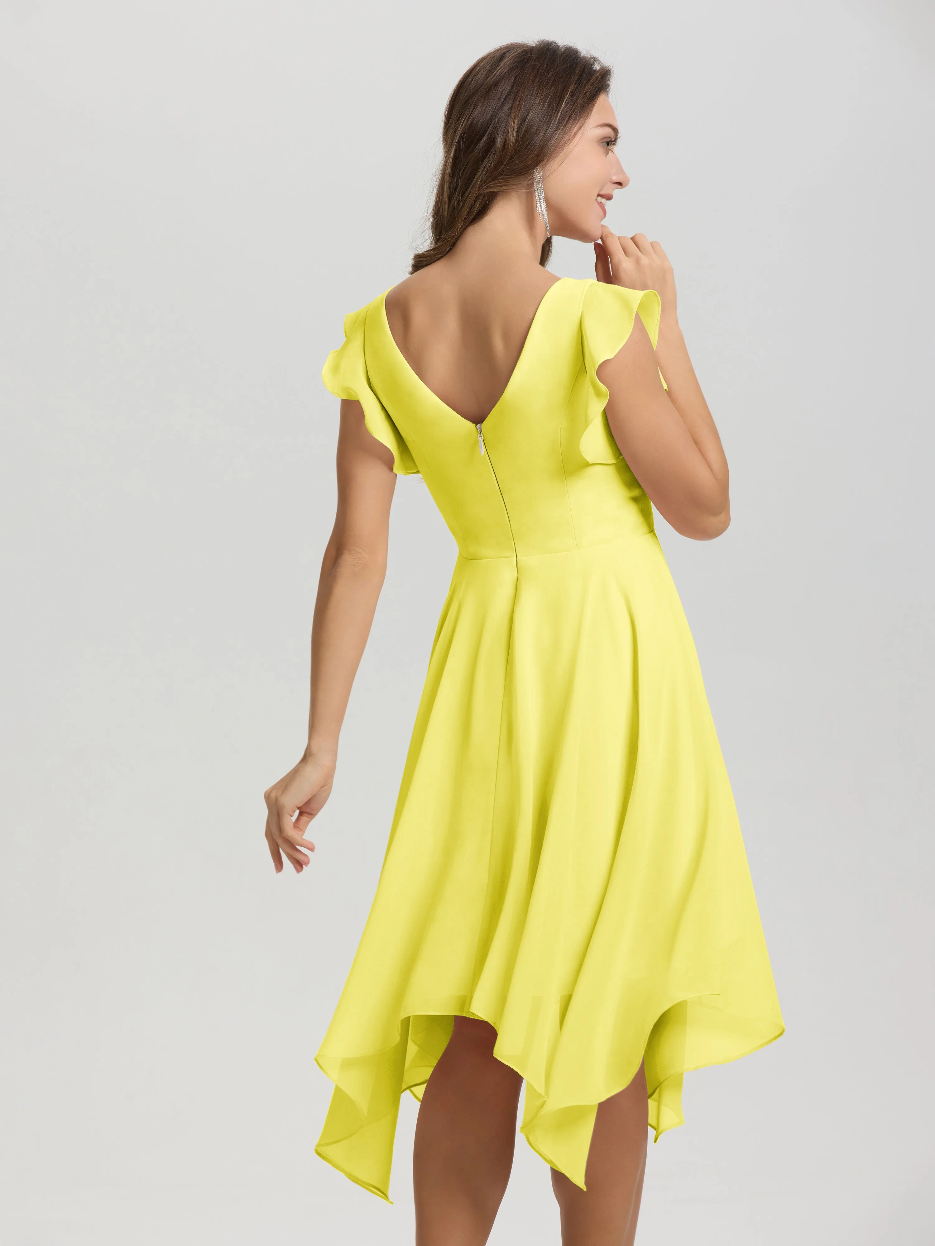 Ruffle Sleeves V-neck Asymmetrical Tea Length Chiffon Bridesmaid Dresses