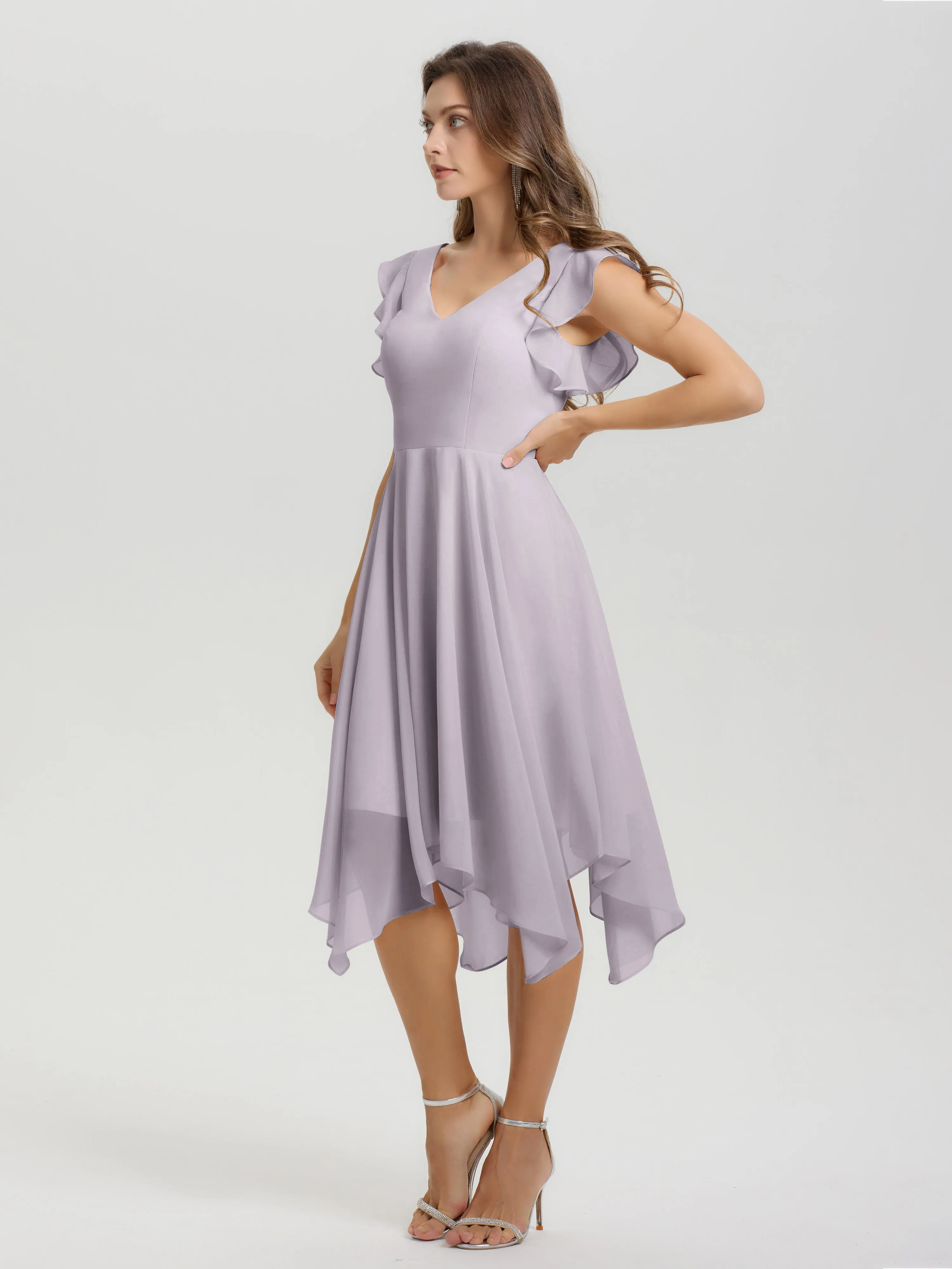 Ruffle Sleeves V-neck Asymmetrical Tea Length Chiffon Bridesmaid Dresses