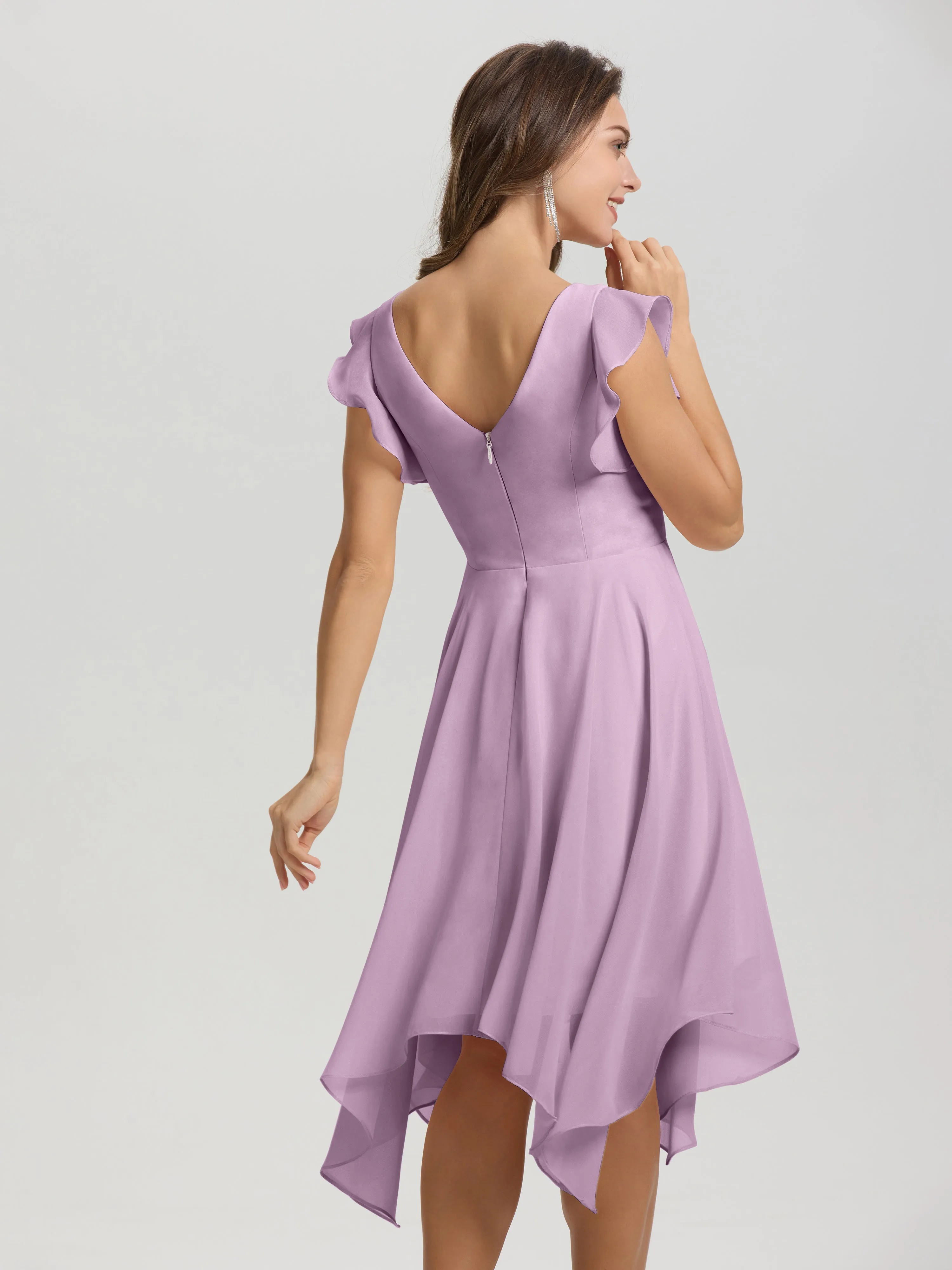 Ruffle Sleeves V-neck Asymmetrical Tea Length Chiffon Bridesmaid Dresses