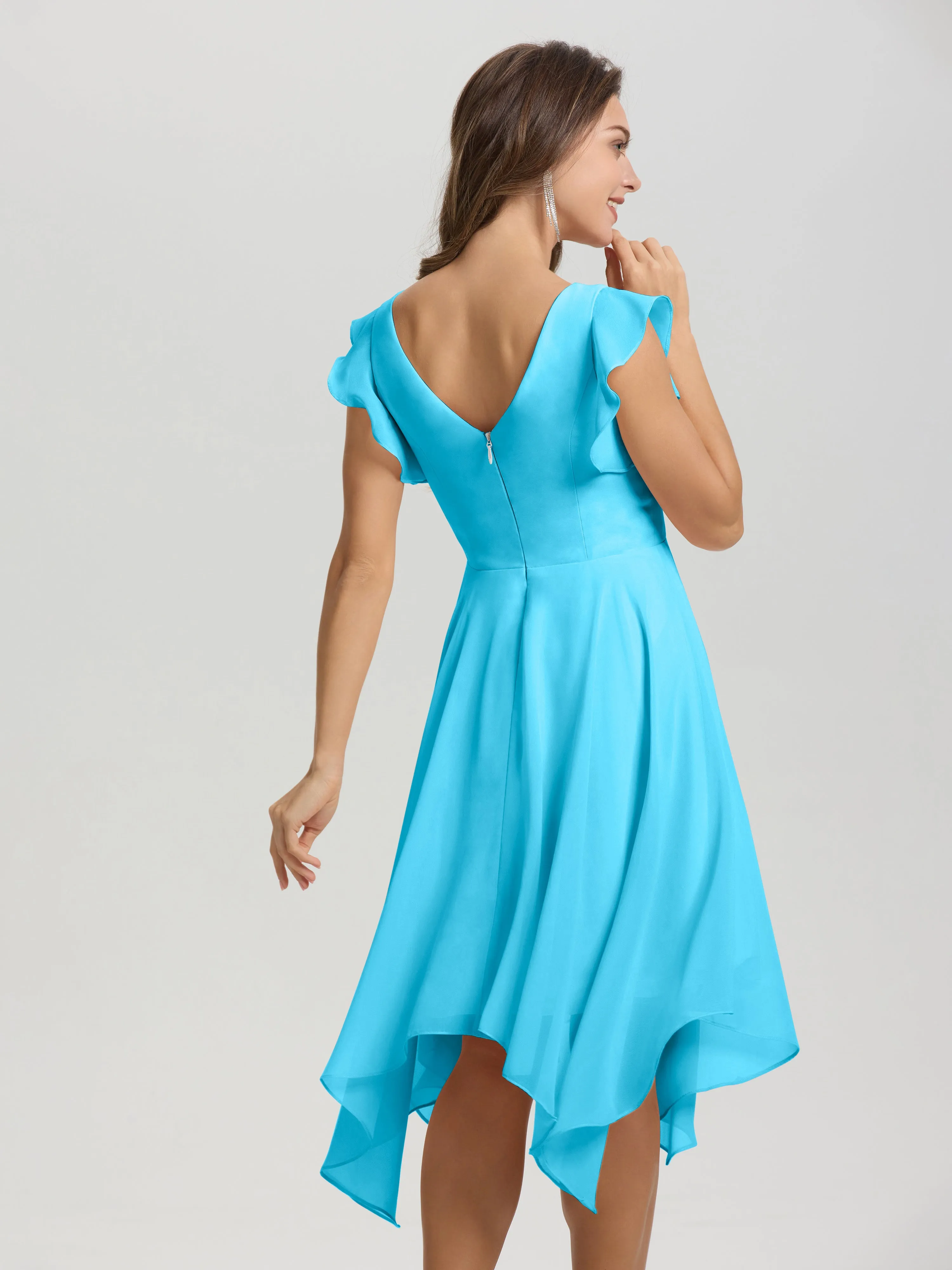 Ruffle Sleeves V-neck Asymmetrical Tea Length Chiffon Bridesmaid Dresses