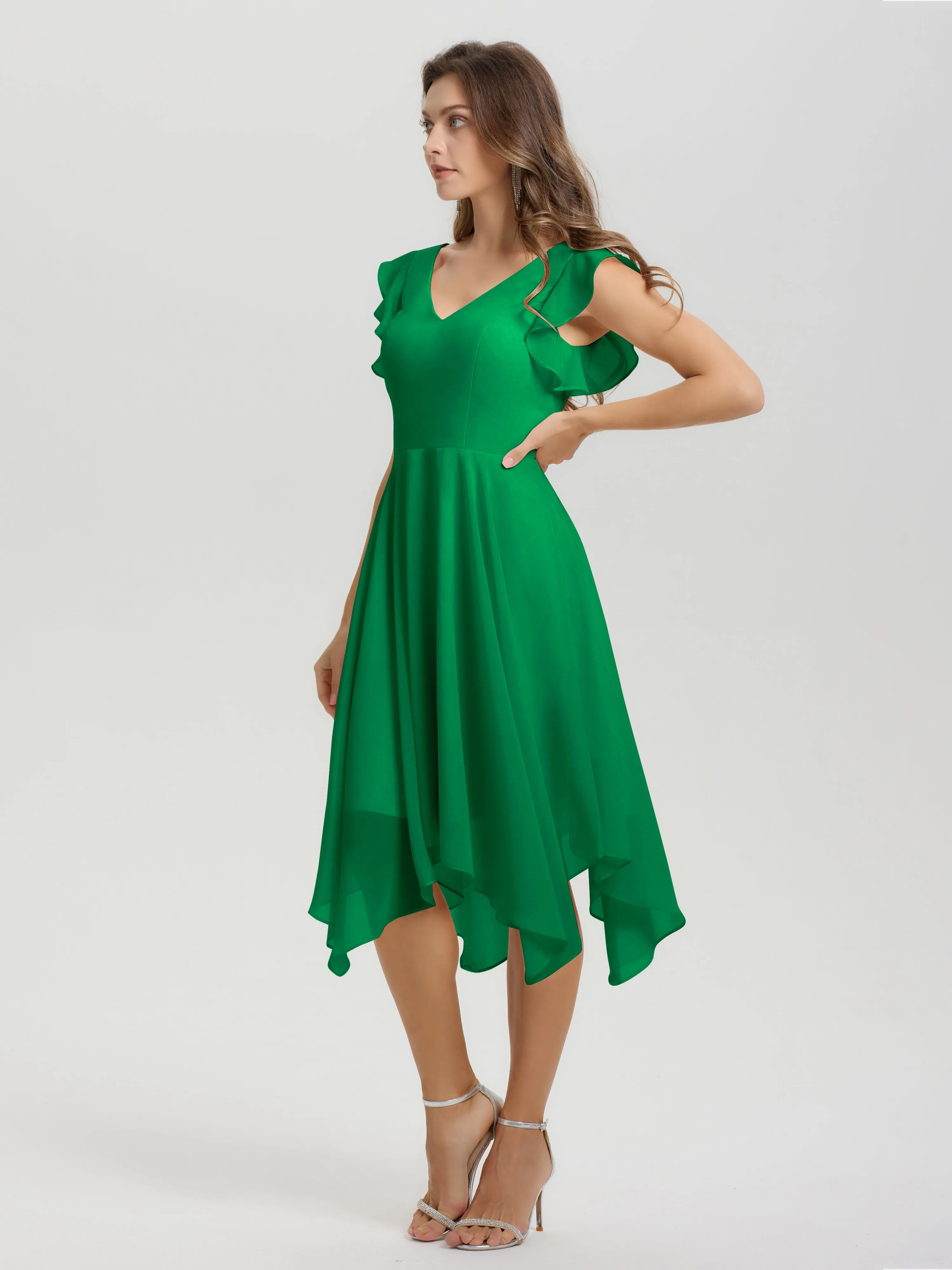 Ruffle Sleeves V-neck Asymmetrical Tea Length Chiffon Bridesmaid Dresses