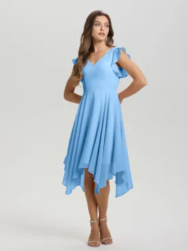 Ruffle Sleeves V-neck Asymmetrical Tea Length Chiffon Bridesmaid Dresses