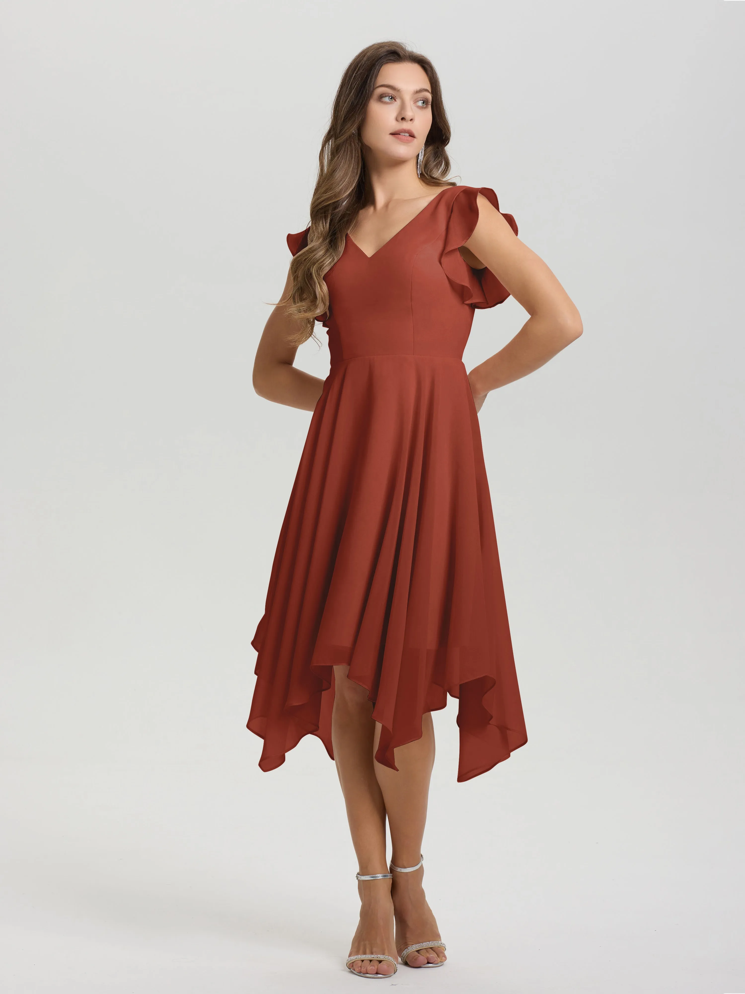 Ruffle Sleeves V-neck Asymmetrical Tea Length Chiffon Bridesmaid Dresses