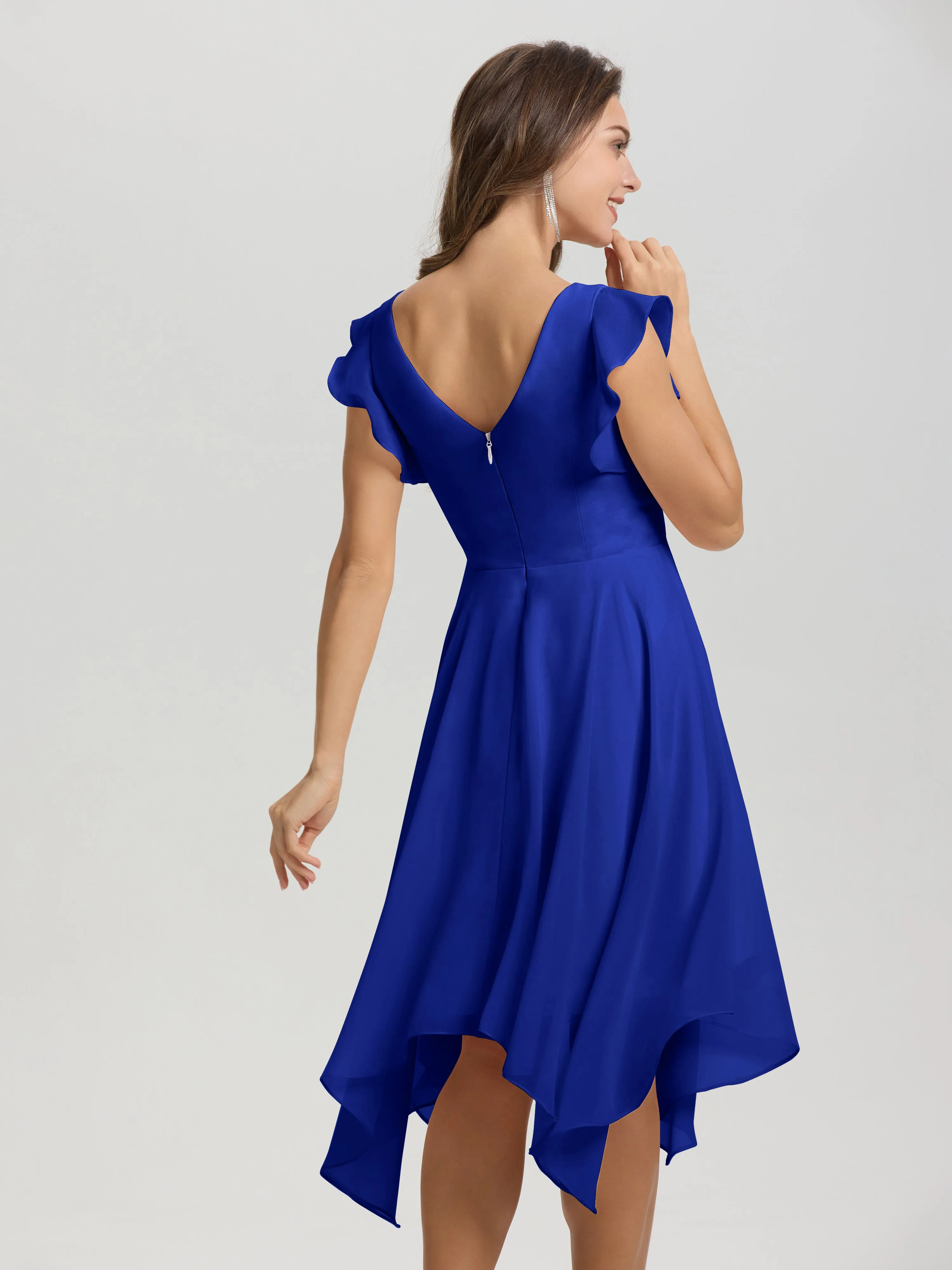 Ruffle Sleeves V-neck Asymmetrical Tea Length Chiffon Bridesmaid Dresses