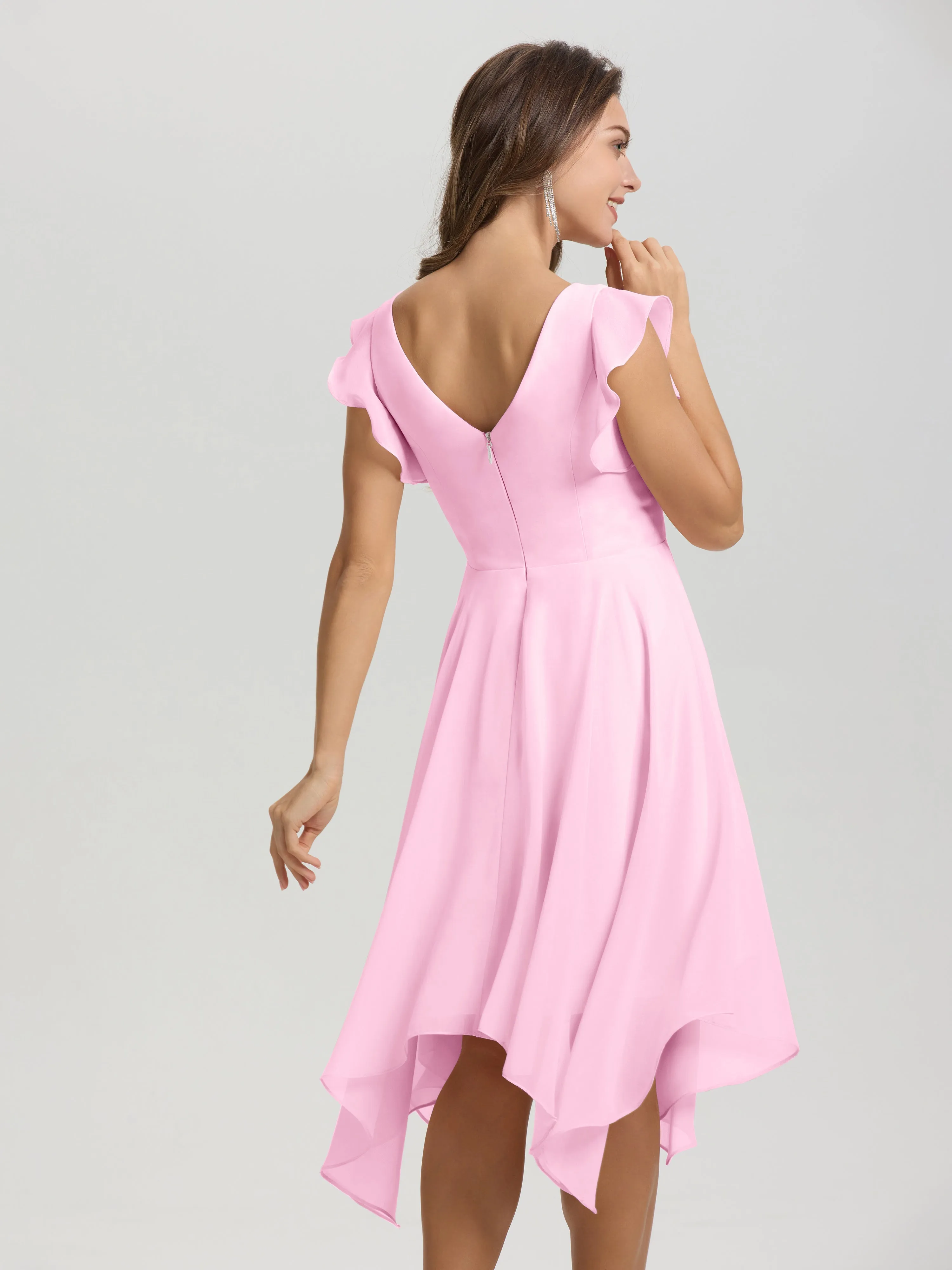 Ruffle Sleeves V-neck Asymmetrical Tea Length Chiffon Bridesmaid Dresses