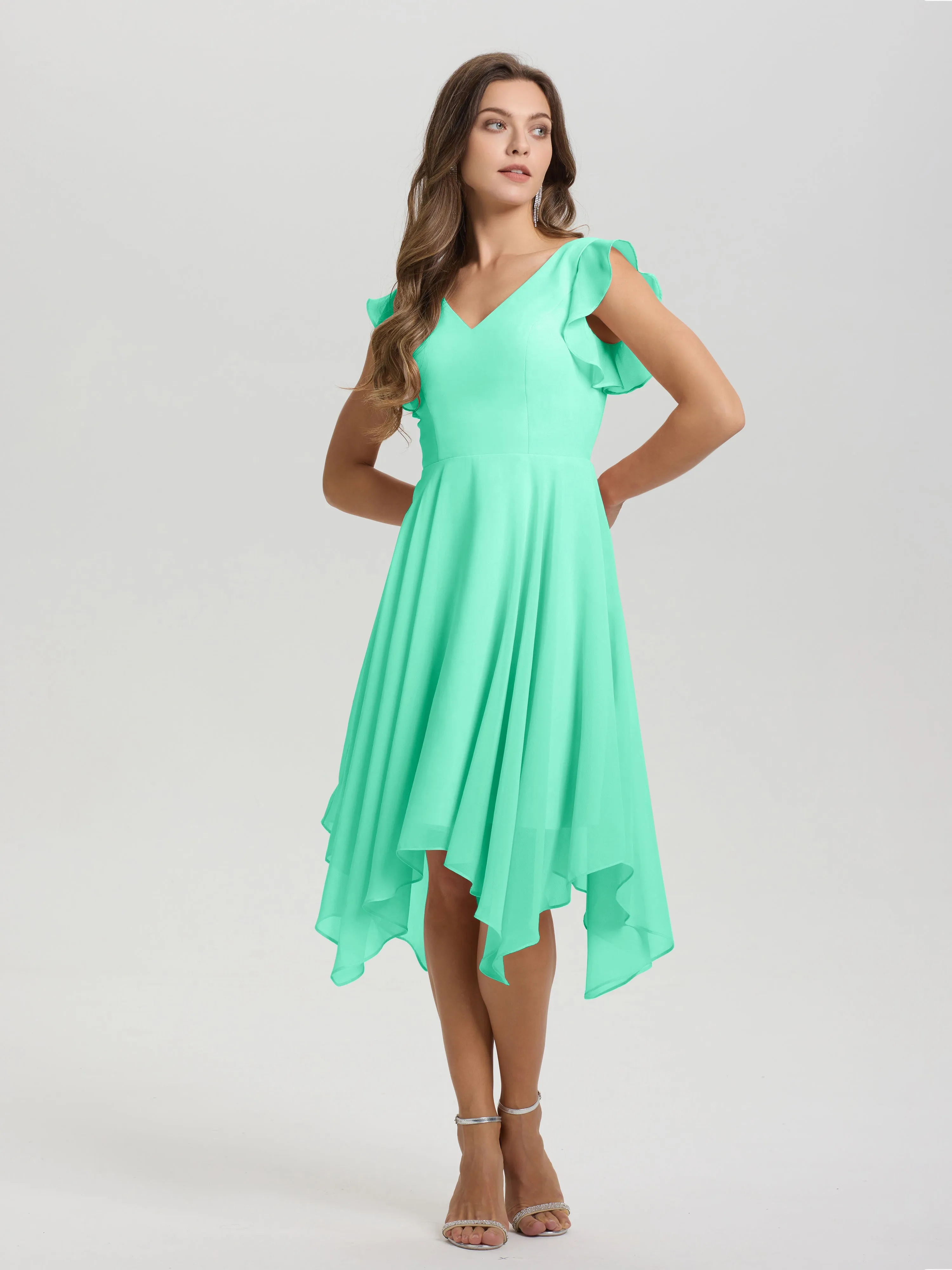 Ruffle Sleeves V-neck Asymmetrical Tea Length Chiffon Bridesmaid Dresses