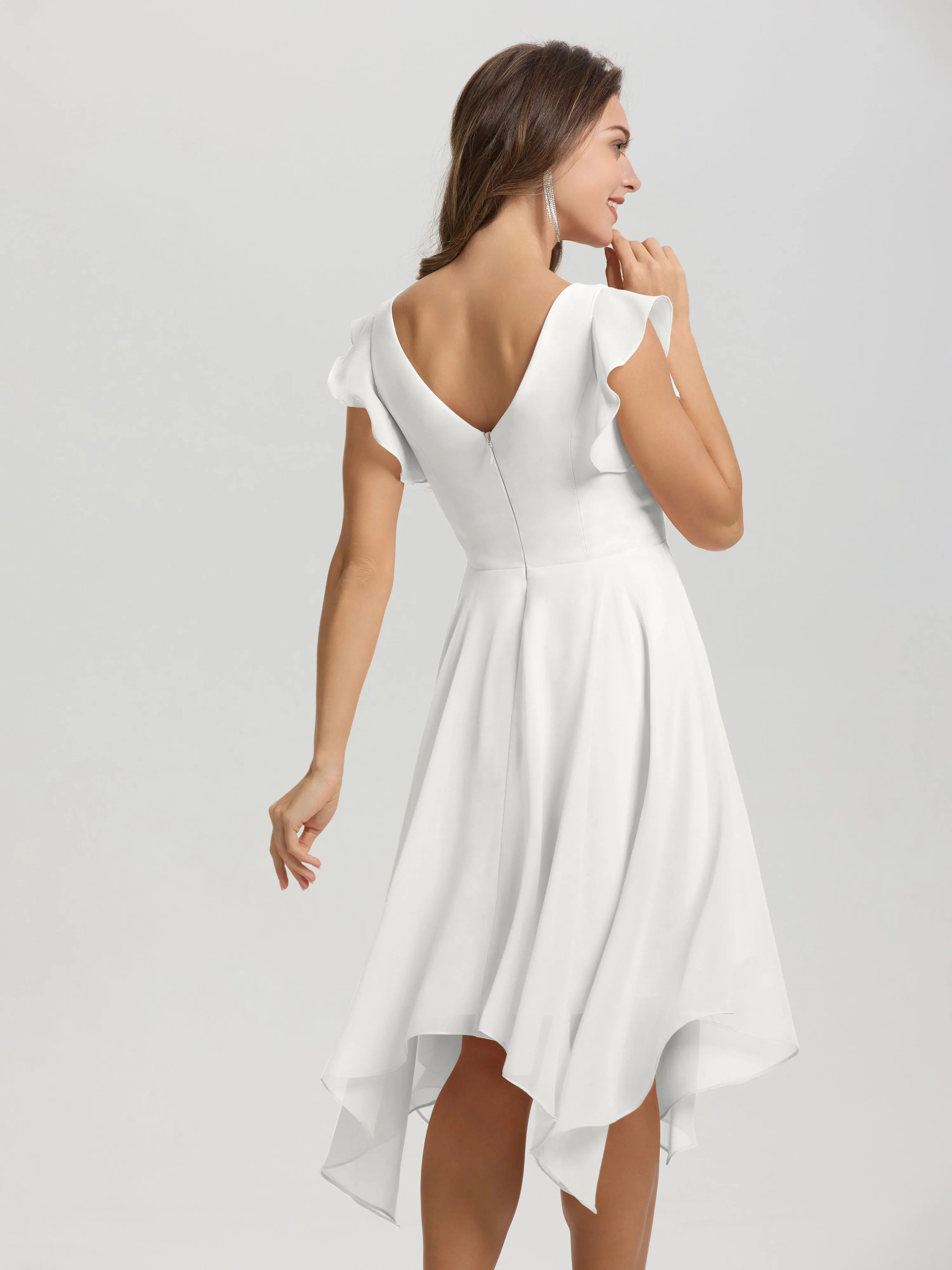 Ruffle Sleeves V-neck Asymmetrical Tea Length Chiffon Bridesmaid Dresses