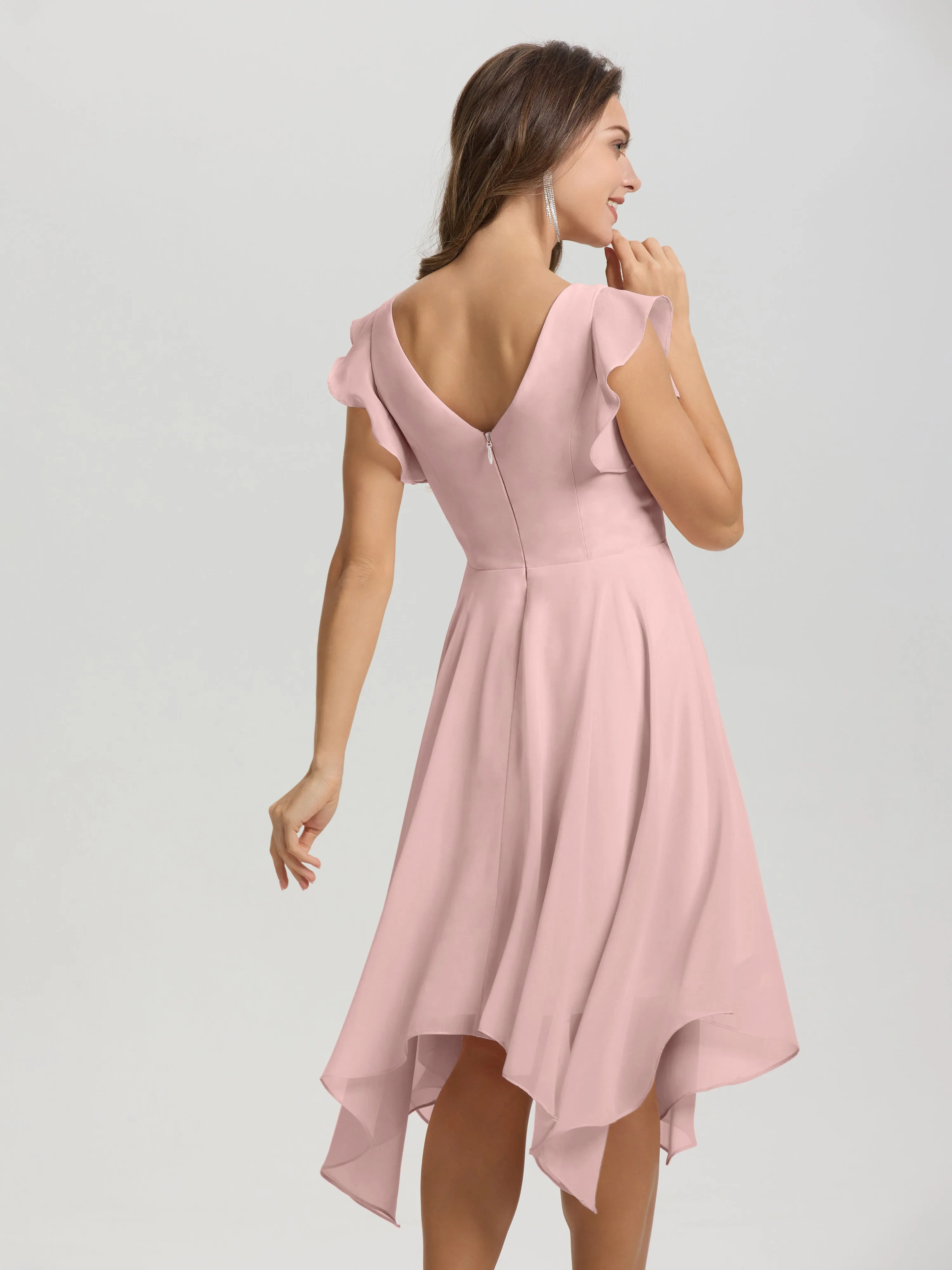 Ruffle Sleeves V-neck Asymmetrical Tea Length Chiffon Bridesmaid Dresses