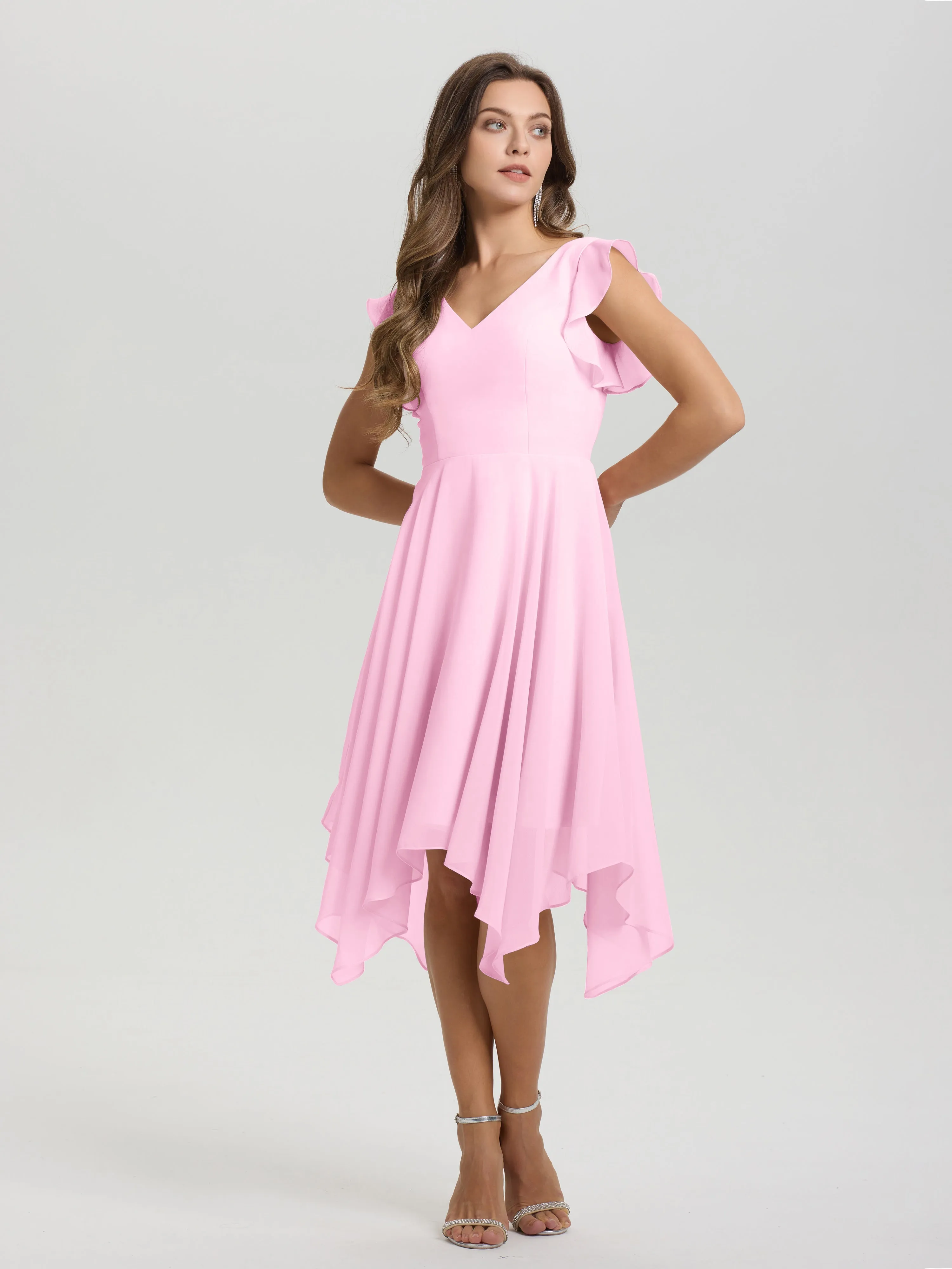 Ruffle Sleeves V-neck Asymmetrical Tea Length Chiffon Bridesmaid Dresses