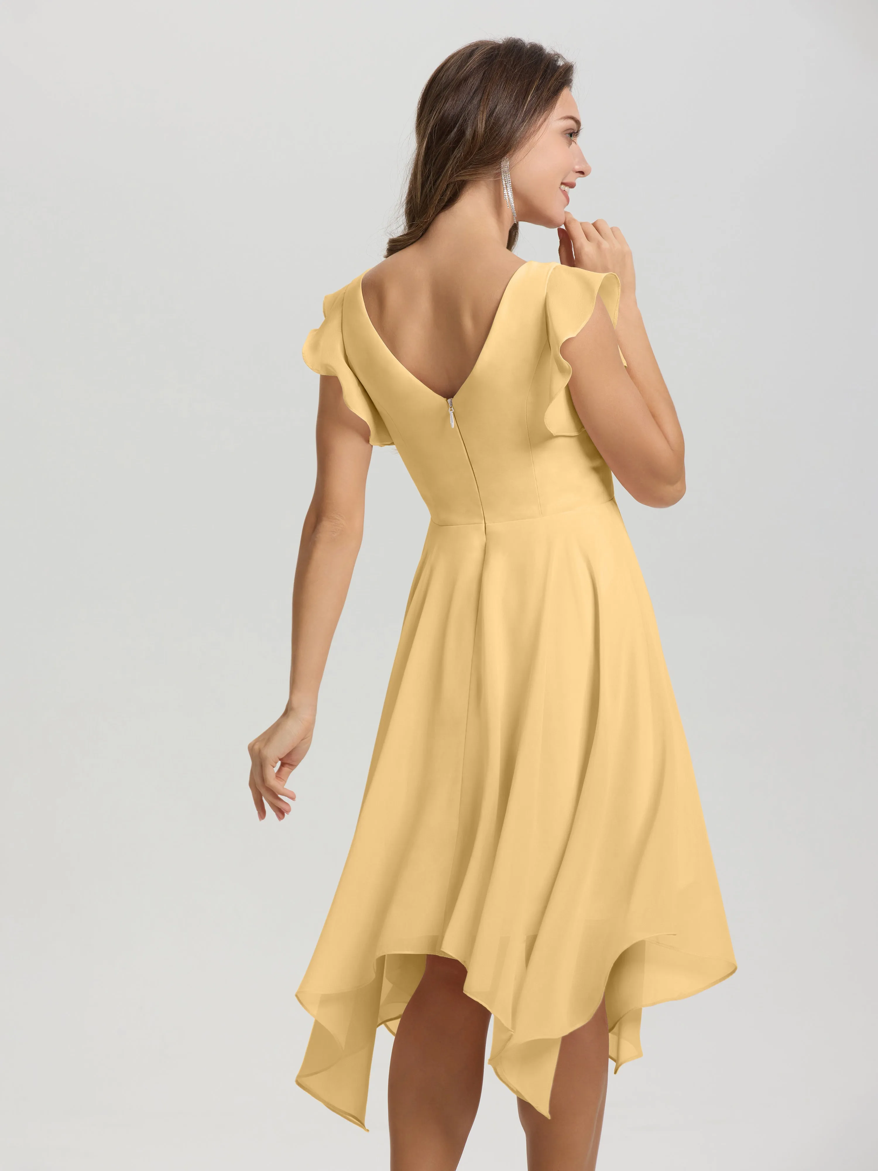 Ruffle Sleeves V-neck Asymmetrical Tea Length Chiffon Bridesmaid Dresses