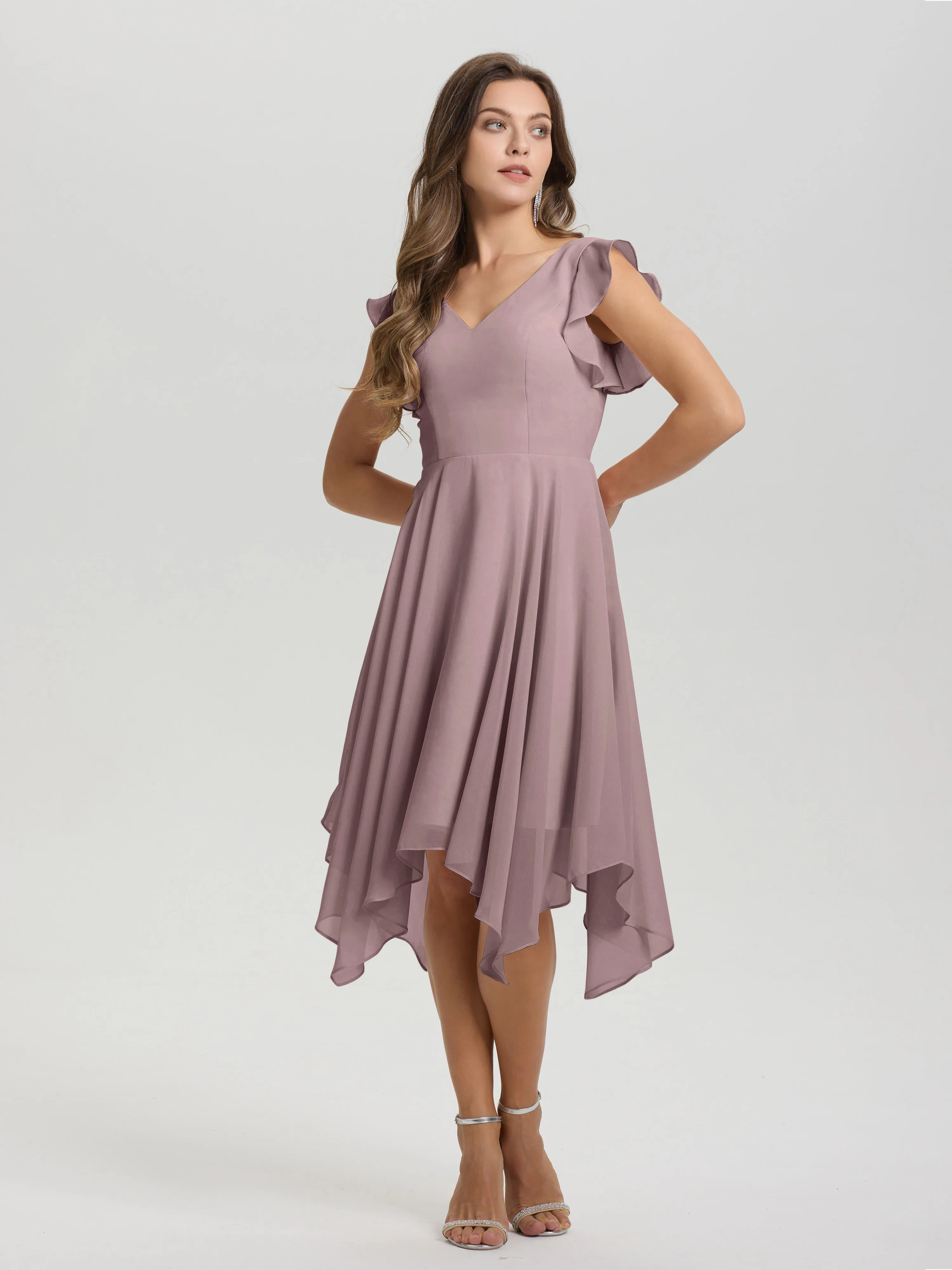 Ruffle Sleeves V-neck Asymmetrical Tea Length Chiffon Bridesmaid Dresses