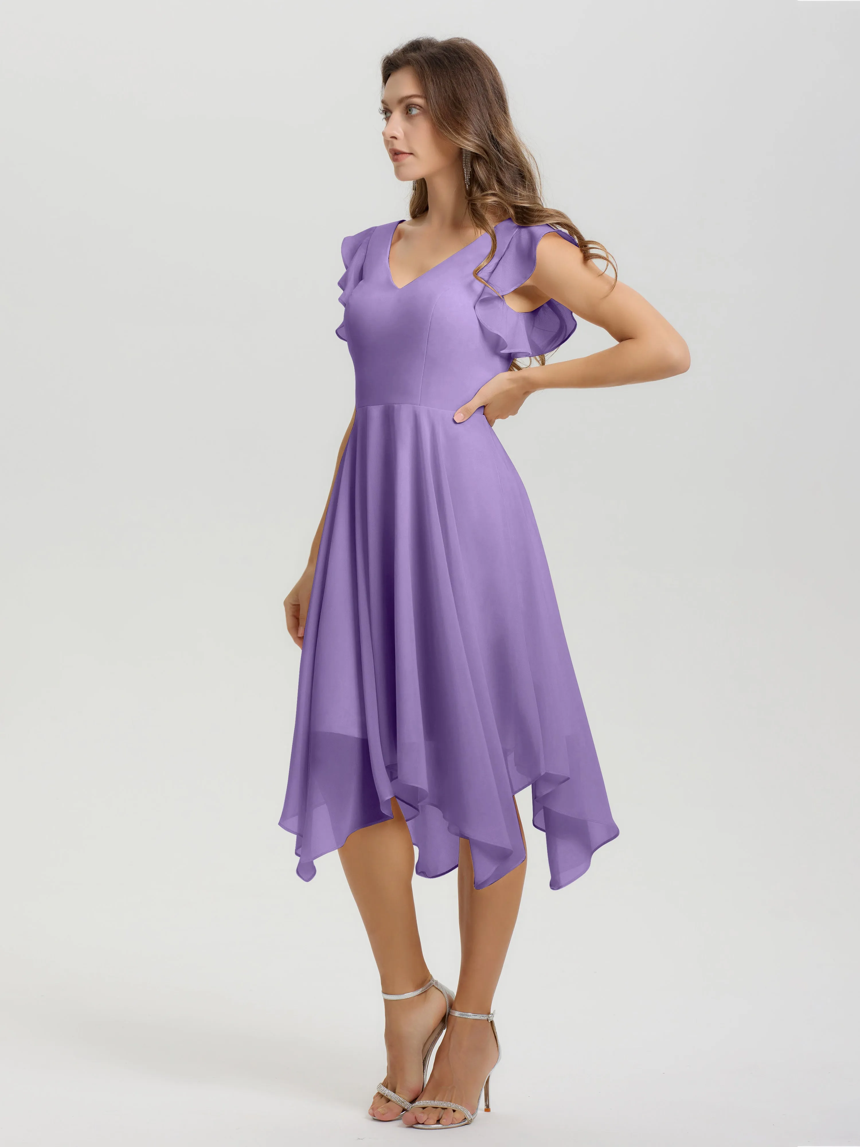 Ruffle Sleeves V-neck Asymmetrical Tea Length Chiffon Bridesmaid Dresses