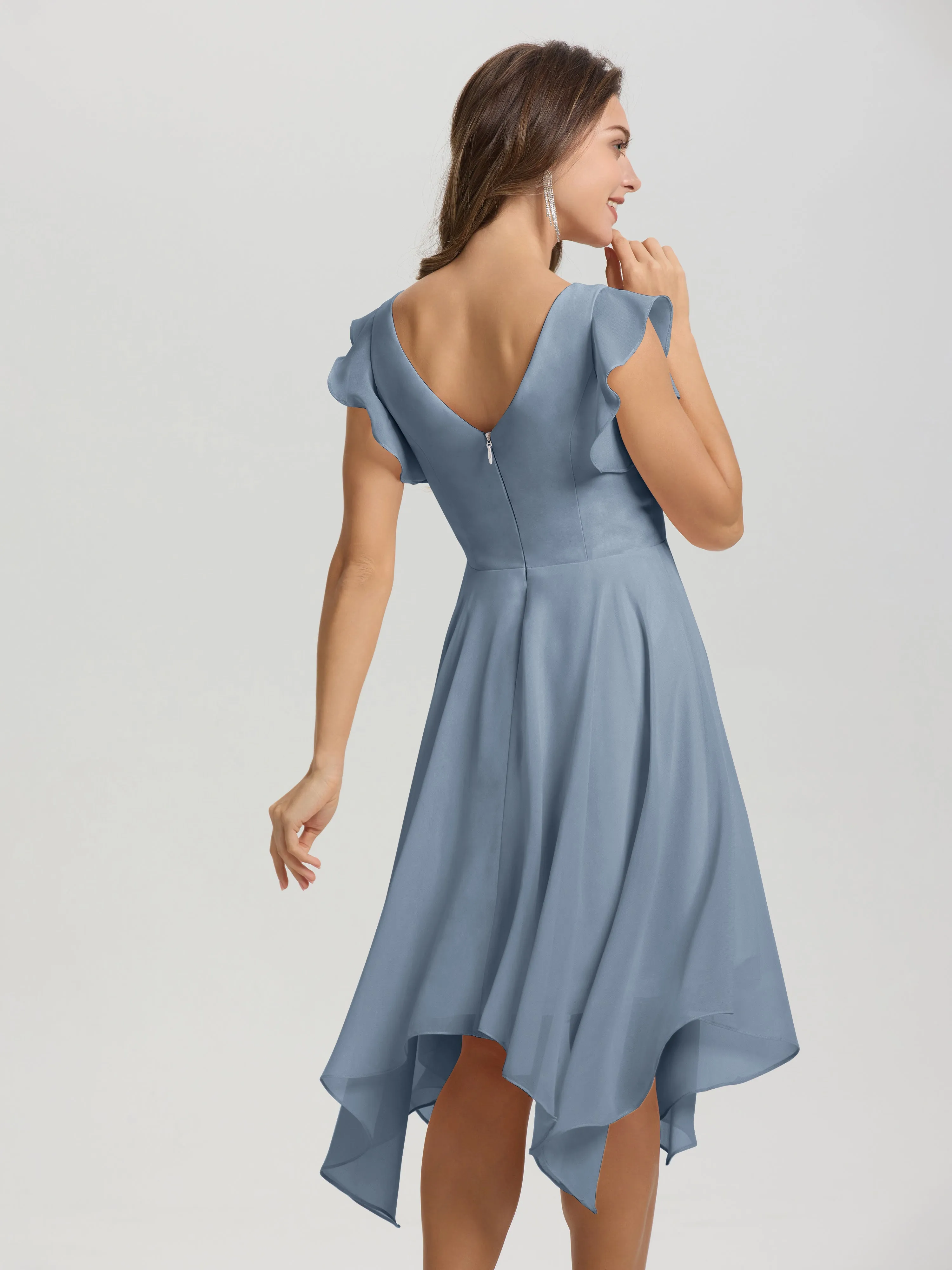 Ruffle Sleeves V-neck Asymmetrical Tea Length Chiffon Bridesmaid Dresses