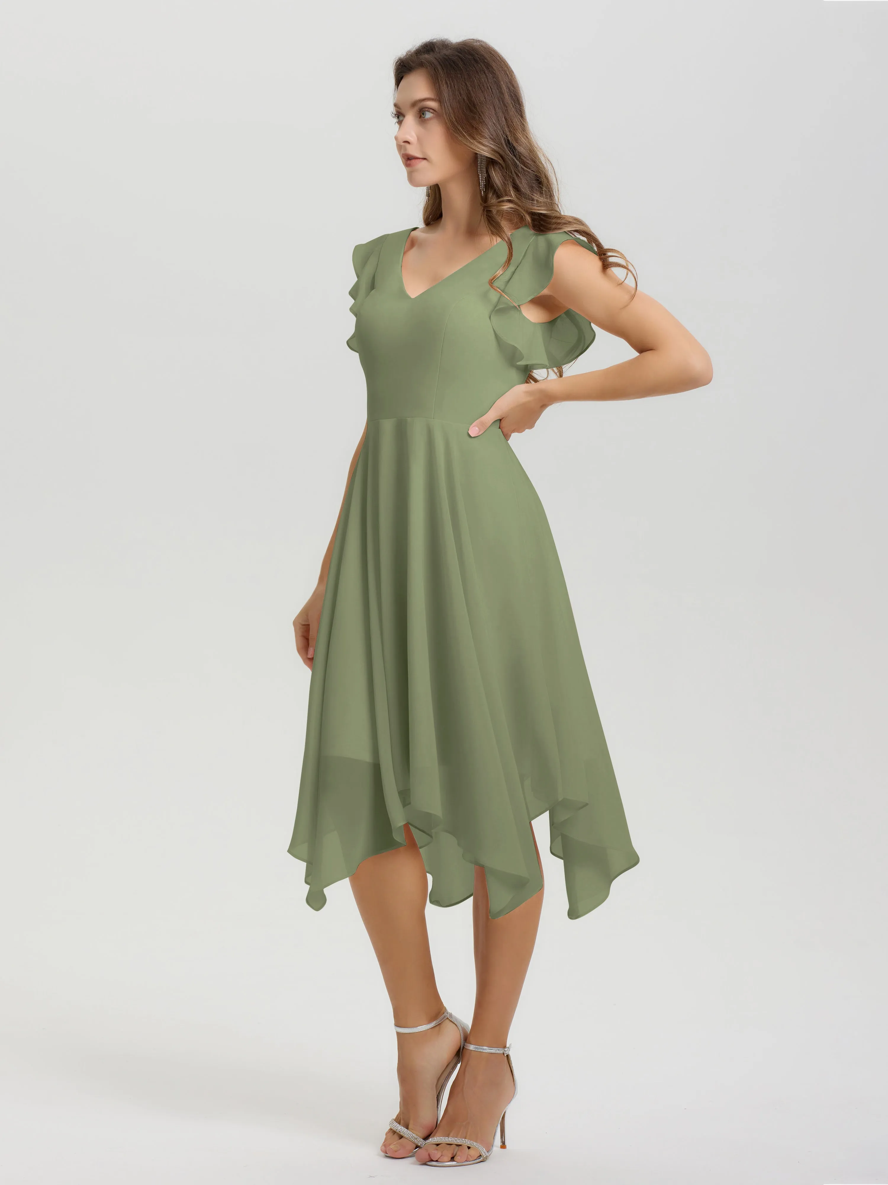 Ruffle Sleeves V-neck Asymmetrical Tea Length Chiffon Bridesmaid Dresses