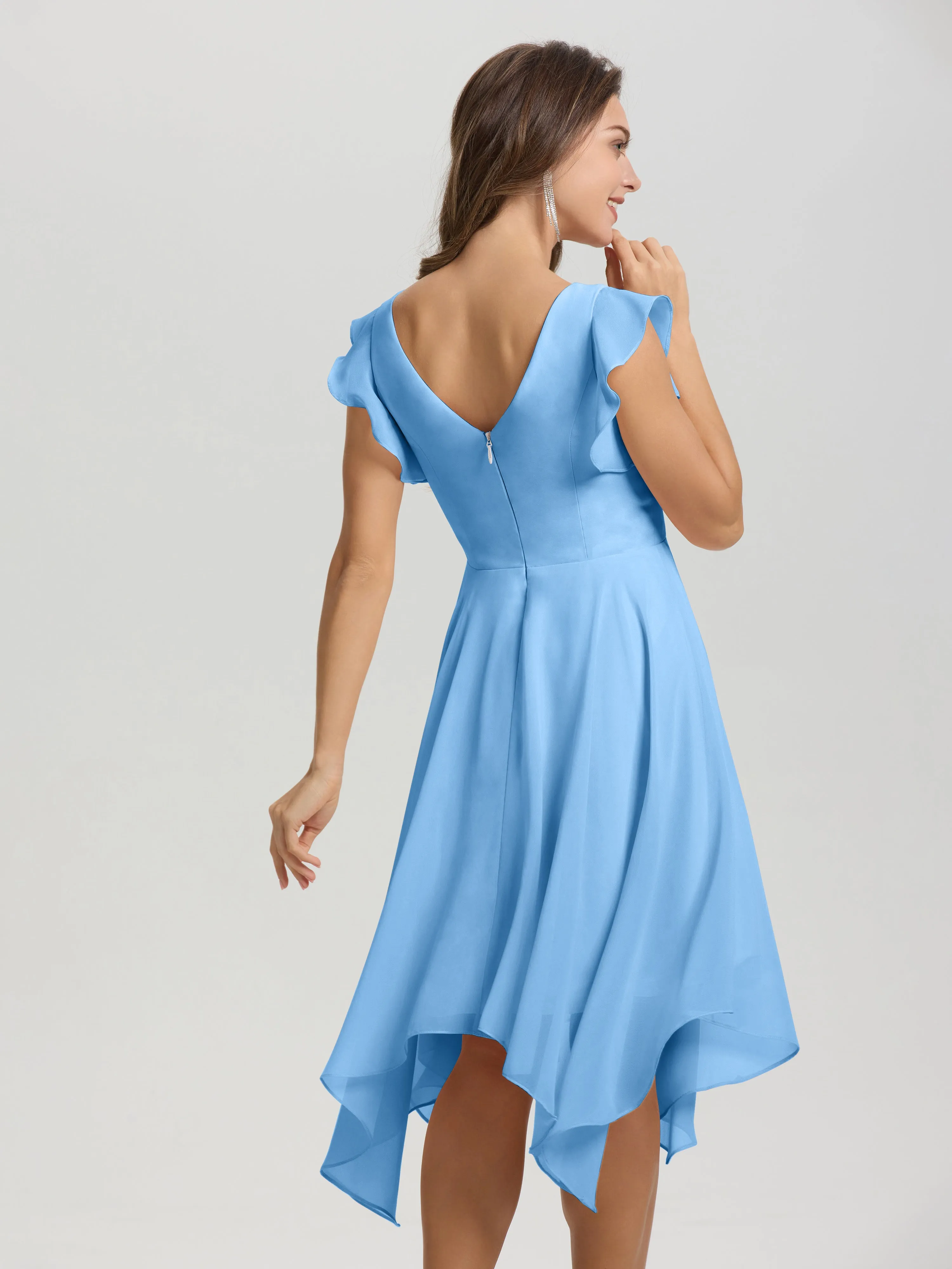 Ruffle Sleeves V-neck Asymmetrical Tea Length Chiffon Bridesmaid Dresses
