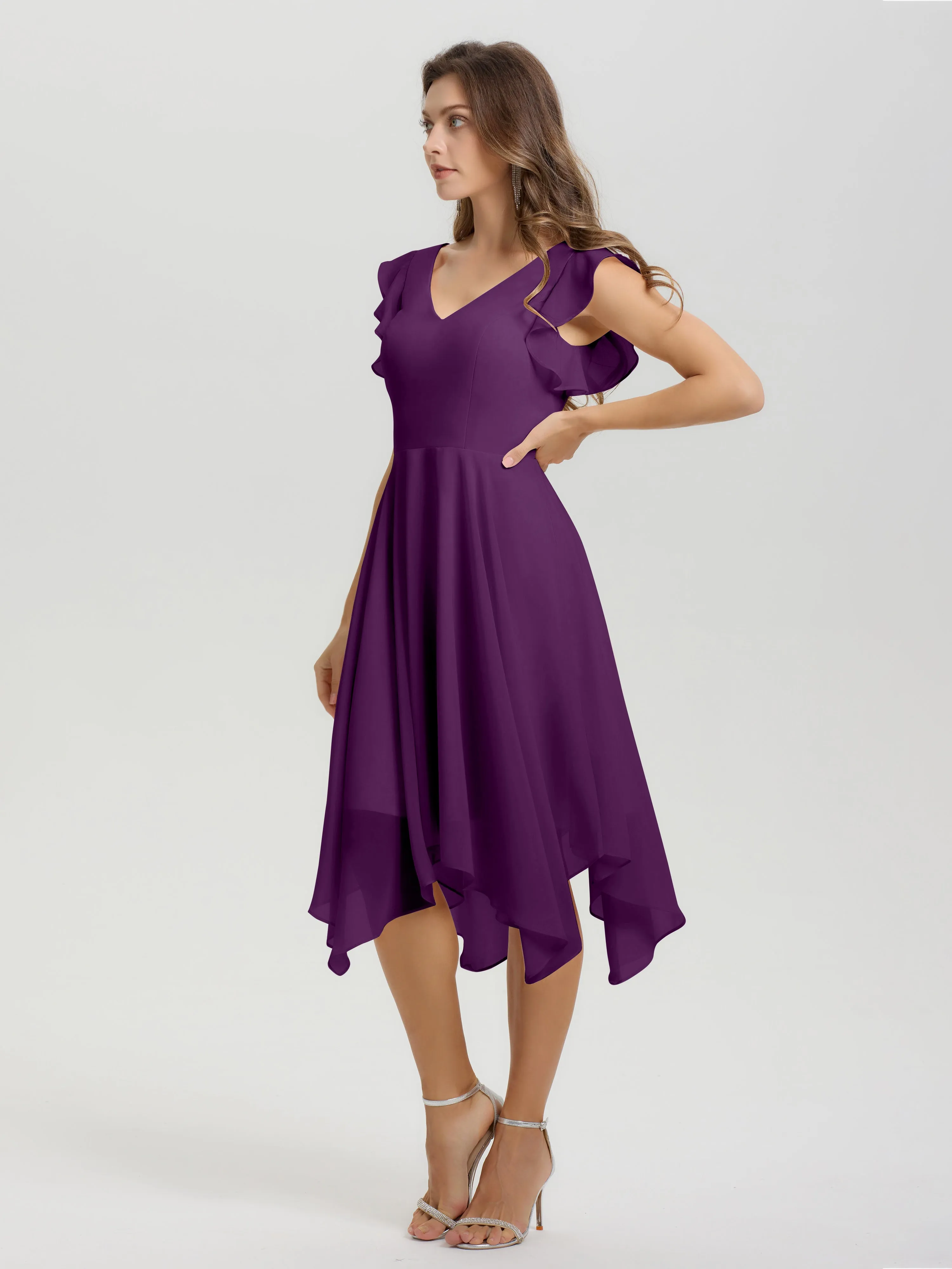 Ruffle Sleeves V-neck Asymmetrical Tea Length Chiffon Bridesmaid Dresses