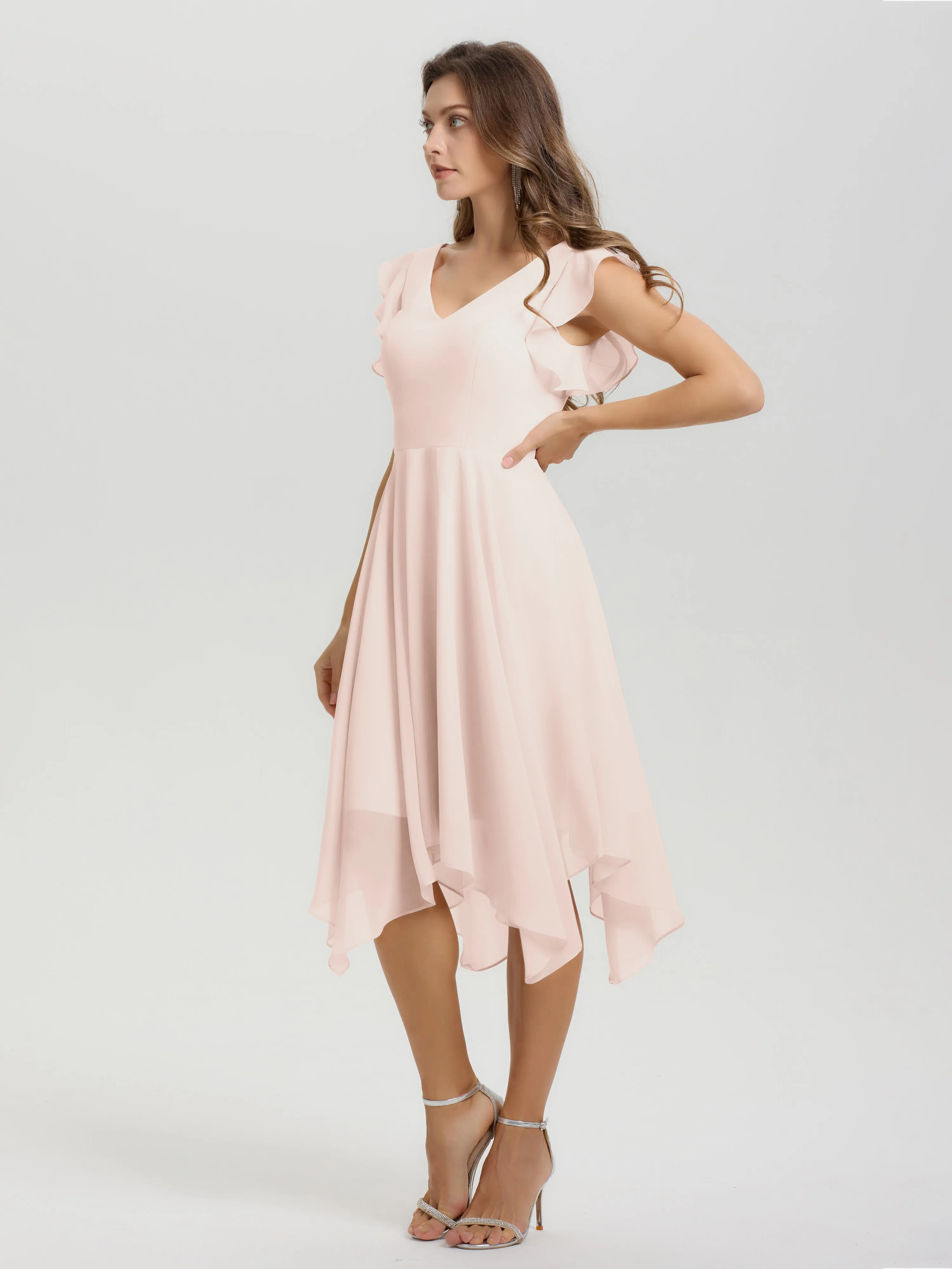 Ruffle Sleeves V-neck Asymmetrical Tea Length Chiffon Bridesmaid Dresses