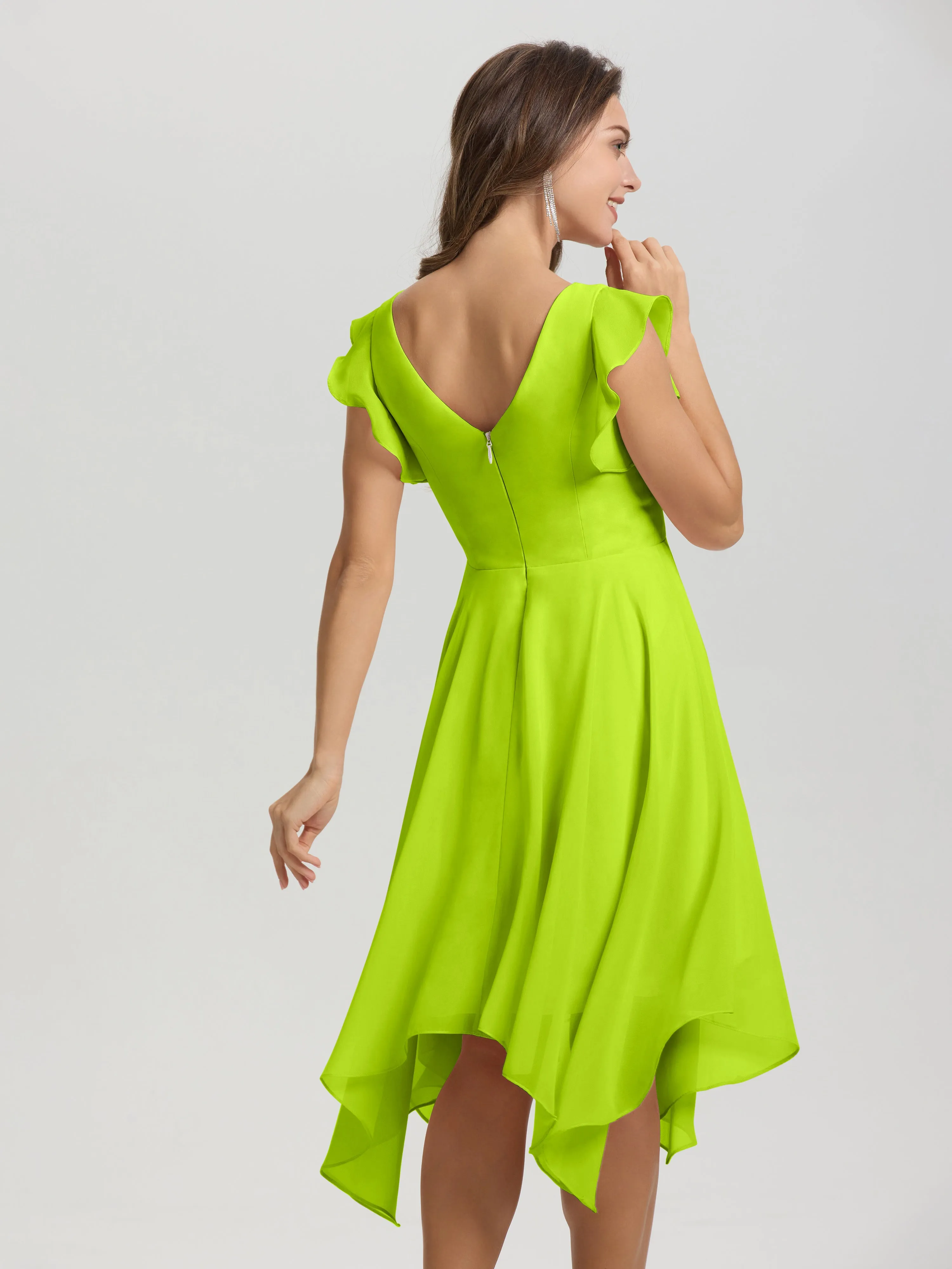 Ruffle Sleeves V-neck Asymmetrical Tea Length Chiffon Bridesmaid Dresses