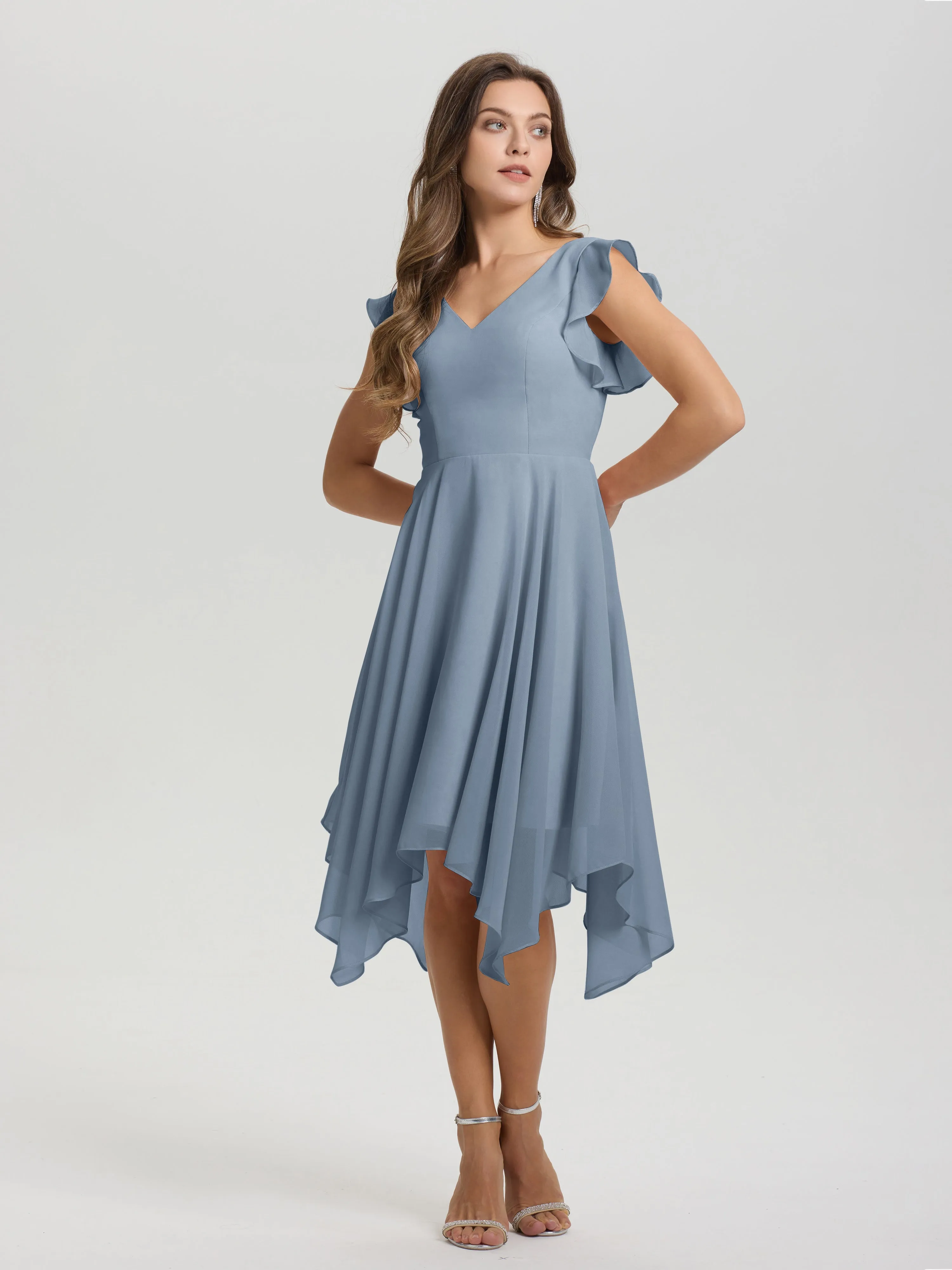 Ruffle Sleeves V-neck Asymmetrical Tea Length Chiffon Bridesmaid Dresses