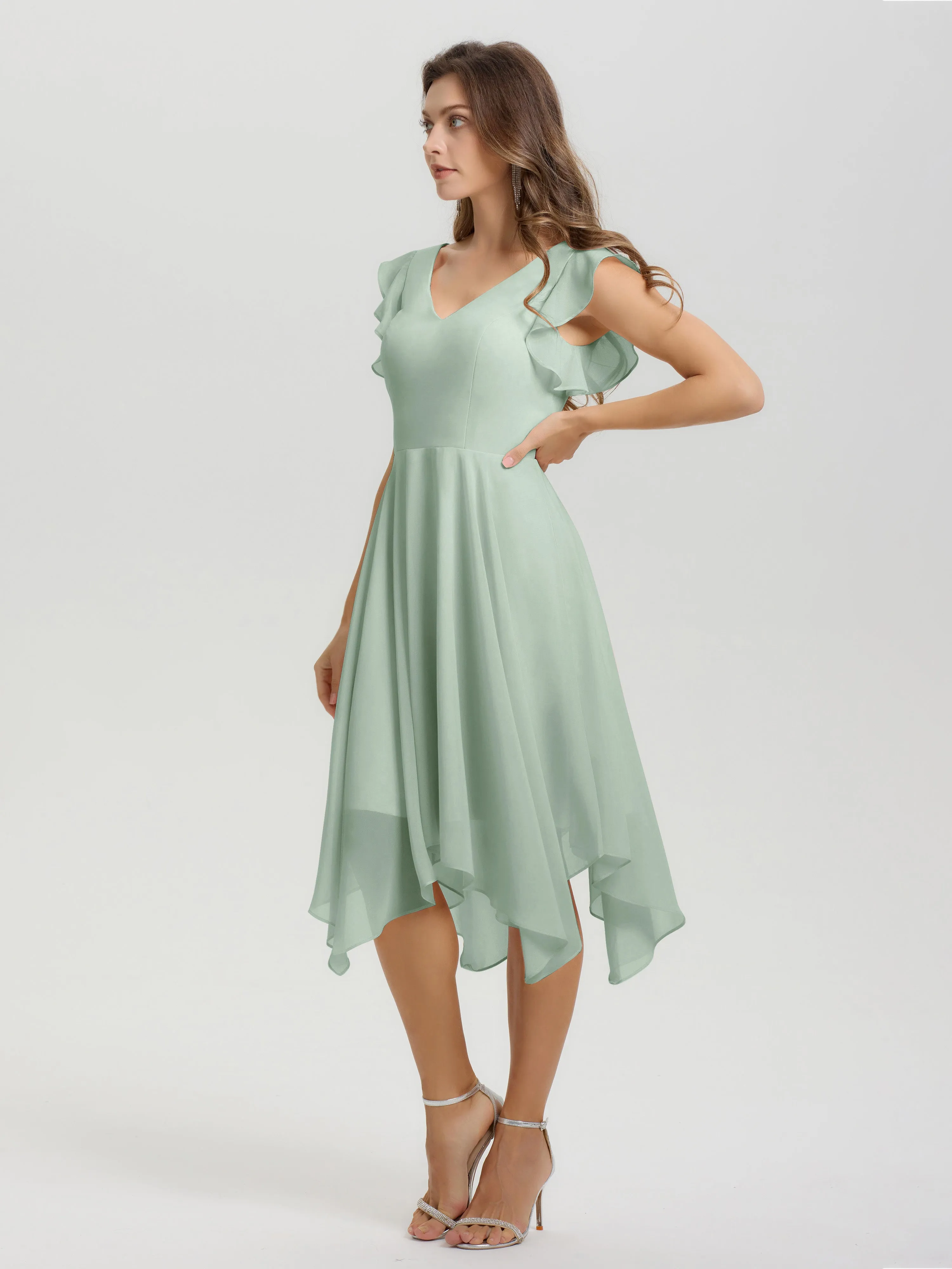 Ruffle Sleeves V-neck Asymmetrical Tea Length Chiffon Bridesmaid Dresses