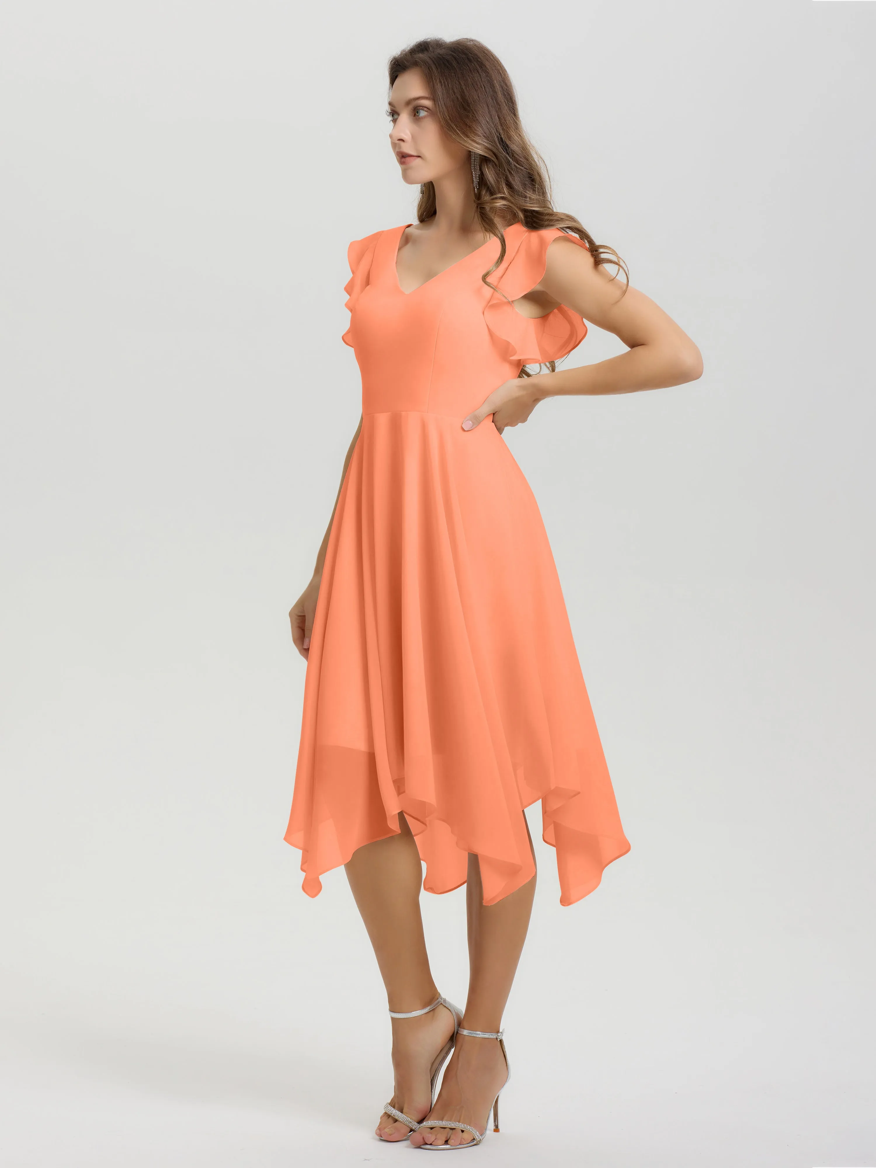 Ruffle Sleeves V-neck Asymmetrical Tea Length Chiffon Bridesmaid Dresses