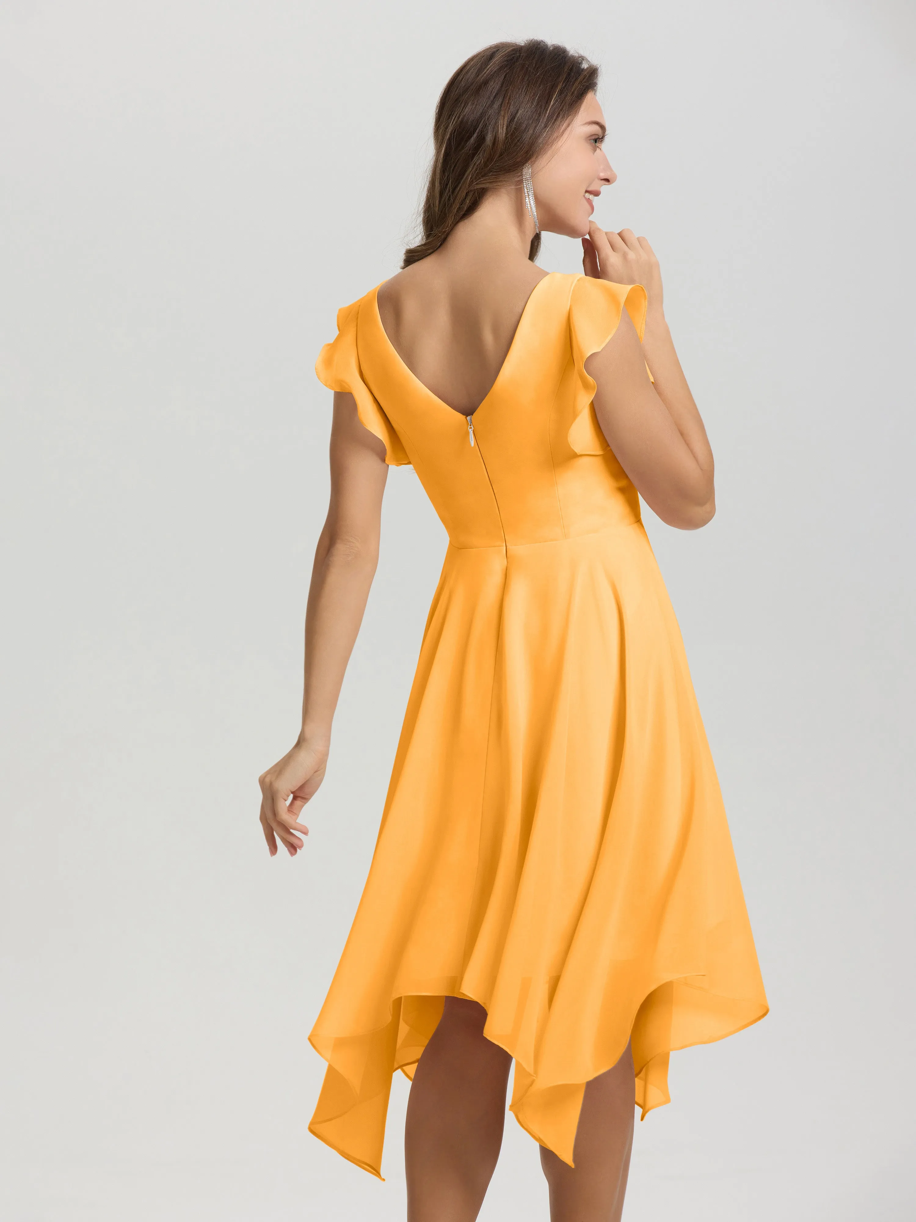 Ruffle Sleeves V-neck Asymmetrical Tea Length Chiffon Bridesmaid Dresses
