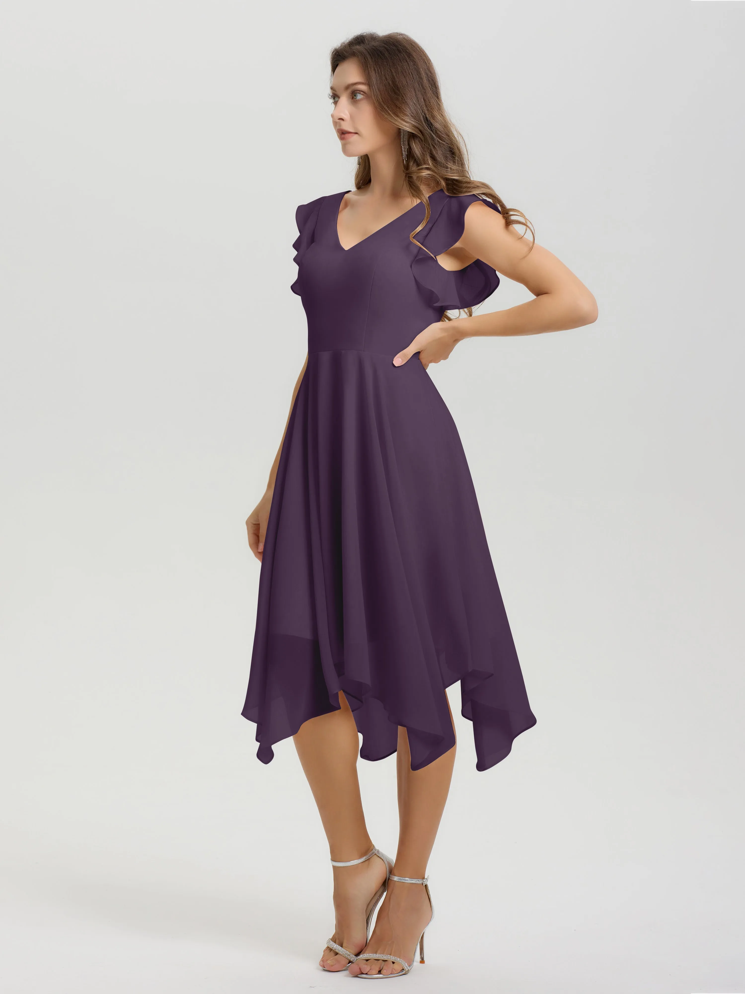 Ruffle Sleeves V-neck Asymmetrical Tea Length Chiffon Bridesmaid Dresses