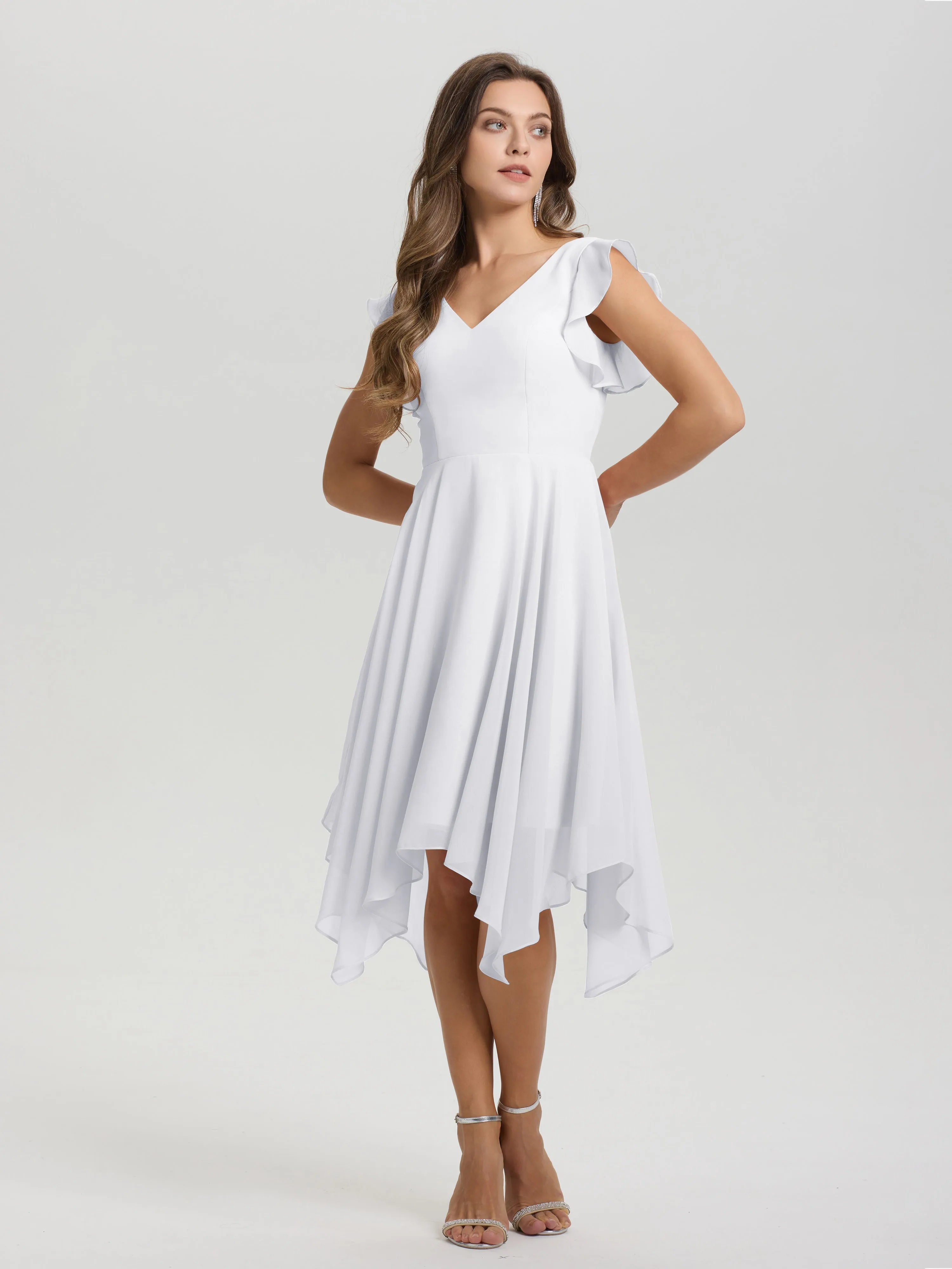 Ruffle Sleeves V-neck Asymmetrical Tea Length Chiffon Bridesmaid Dresses