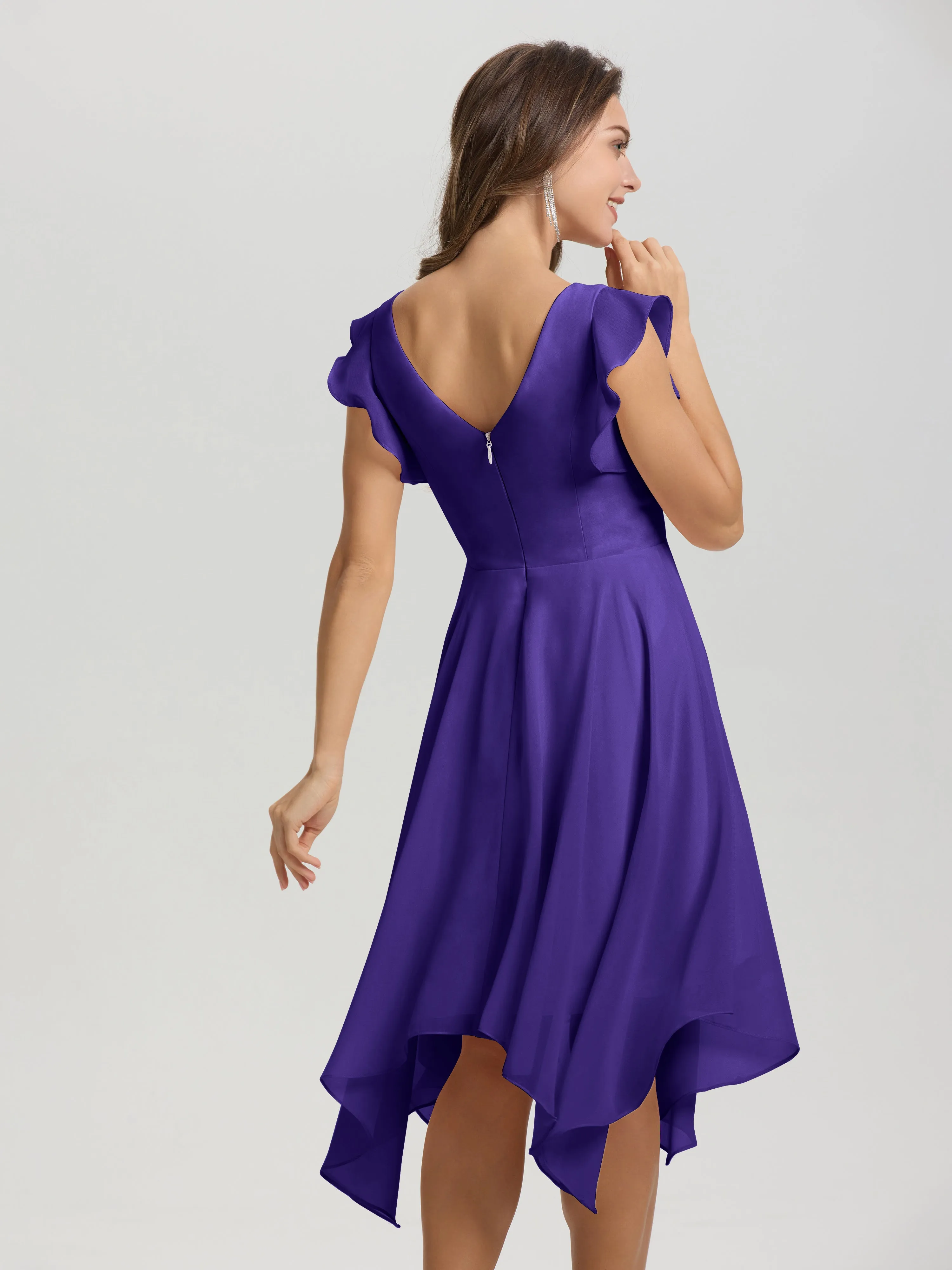 Ruffle Sleeves V-neck Asymmetrical Tea Length Chiffon Bridesmaid Dresses
