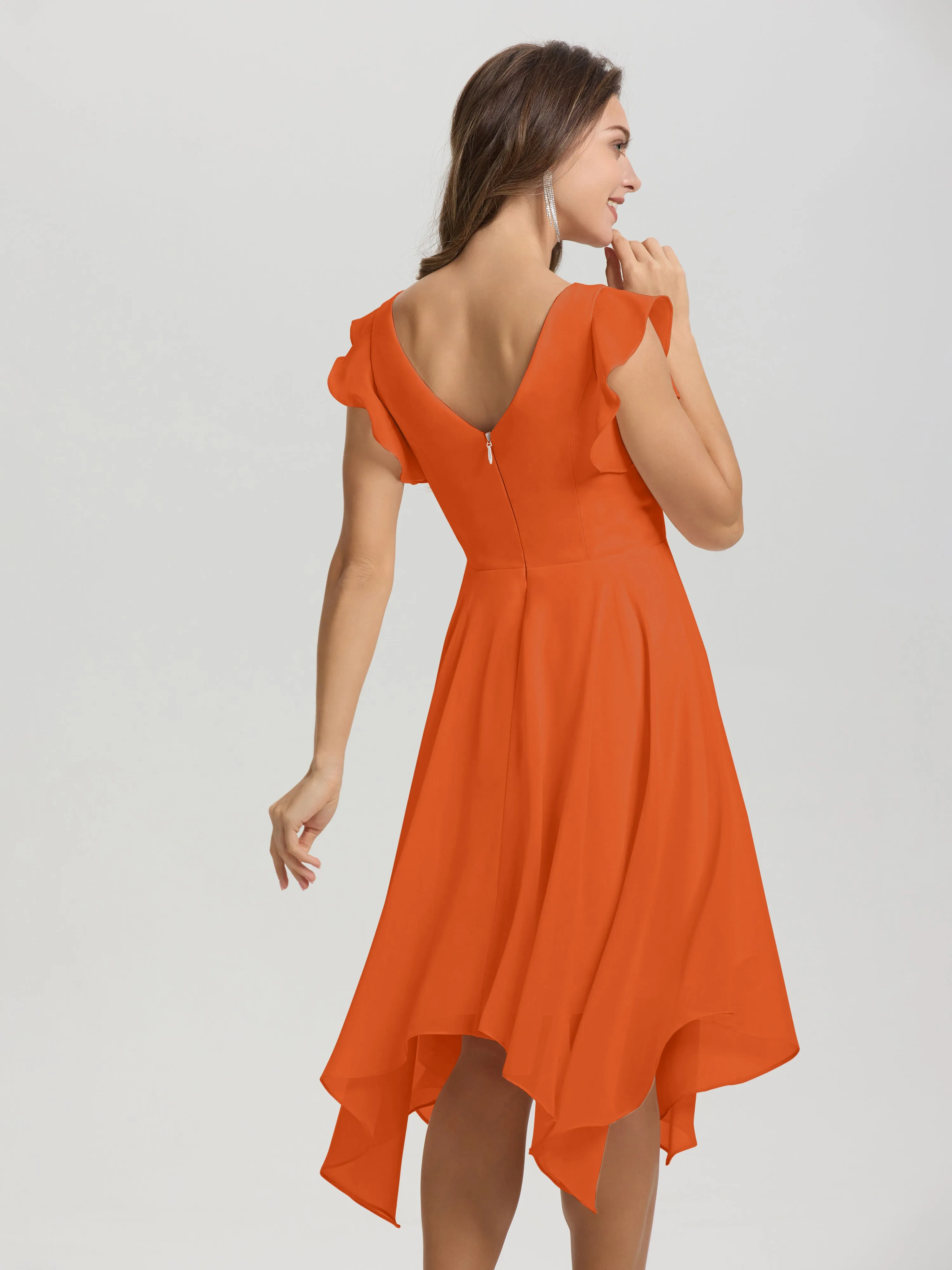 Ruffle Sleeves V-neck Asymmetrical Tea Length Chiffon Bridesmaid Dresses