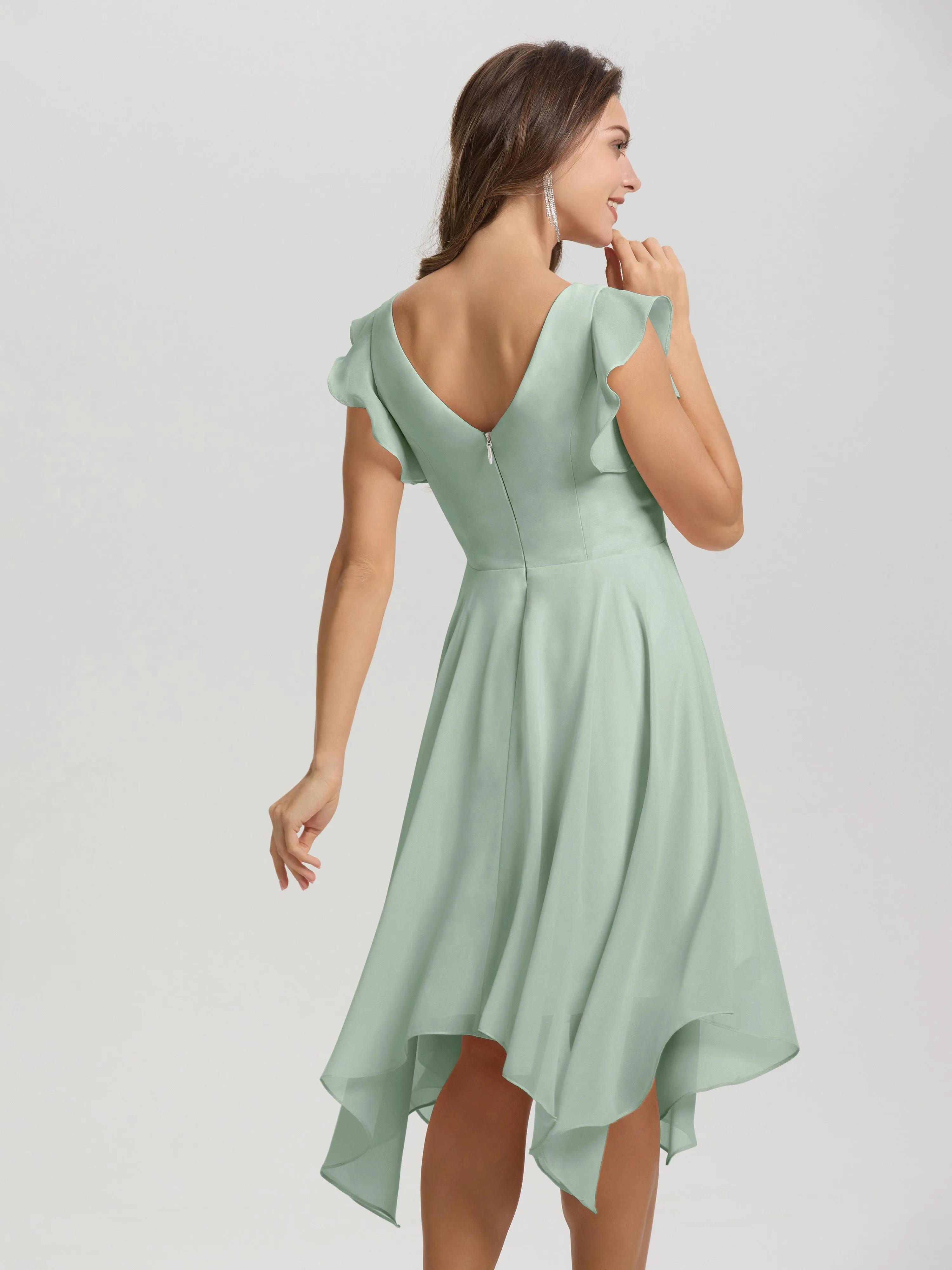Ruffle Sleeves V-neck Asymmetrical Tea Length Chiffon Bridesmaid Dresses