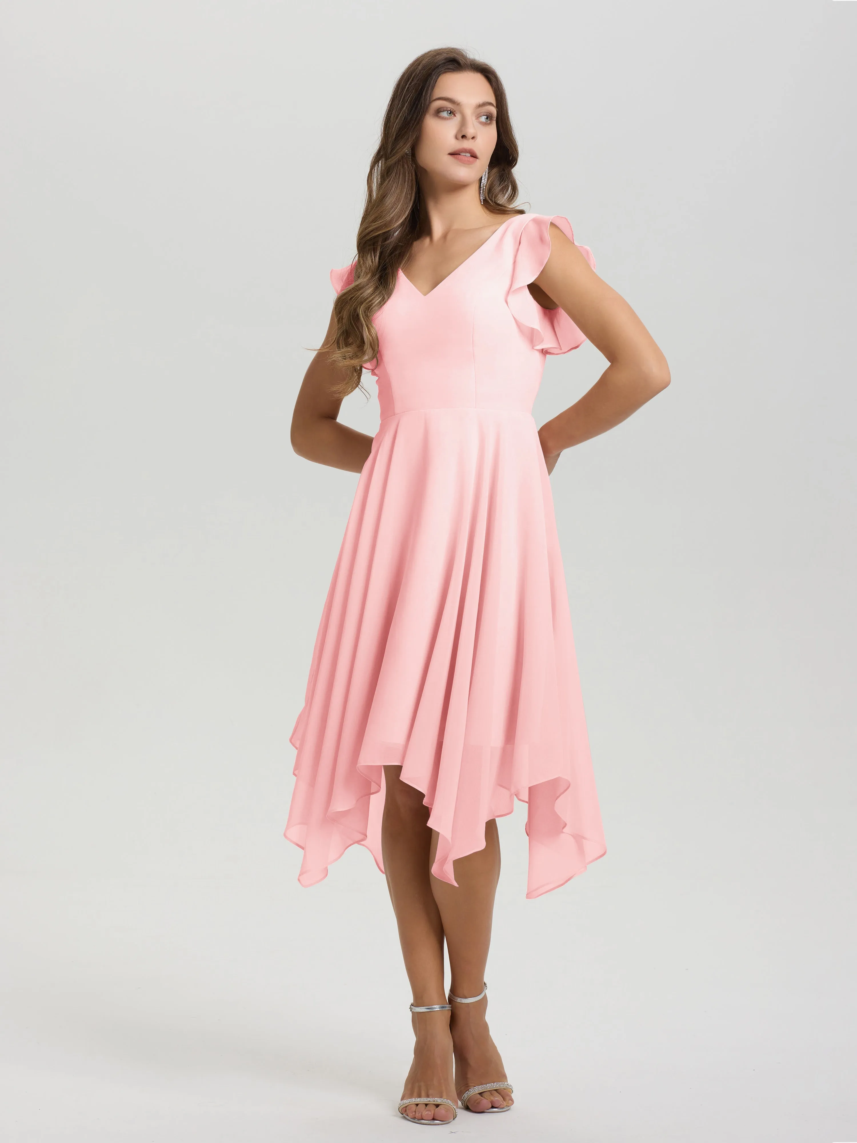 Ruffle Sleeves V-neck Asymmetrical Tea Length Chiffon Bridesmaid Dresses